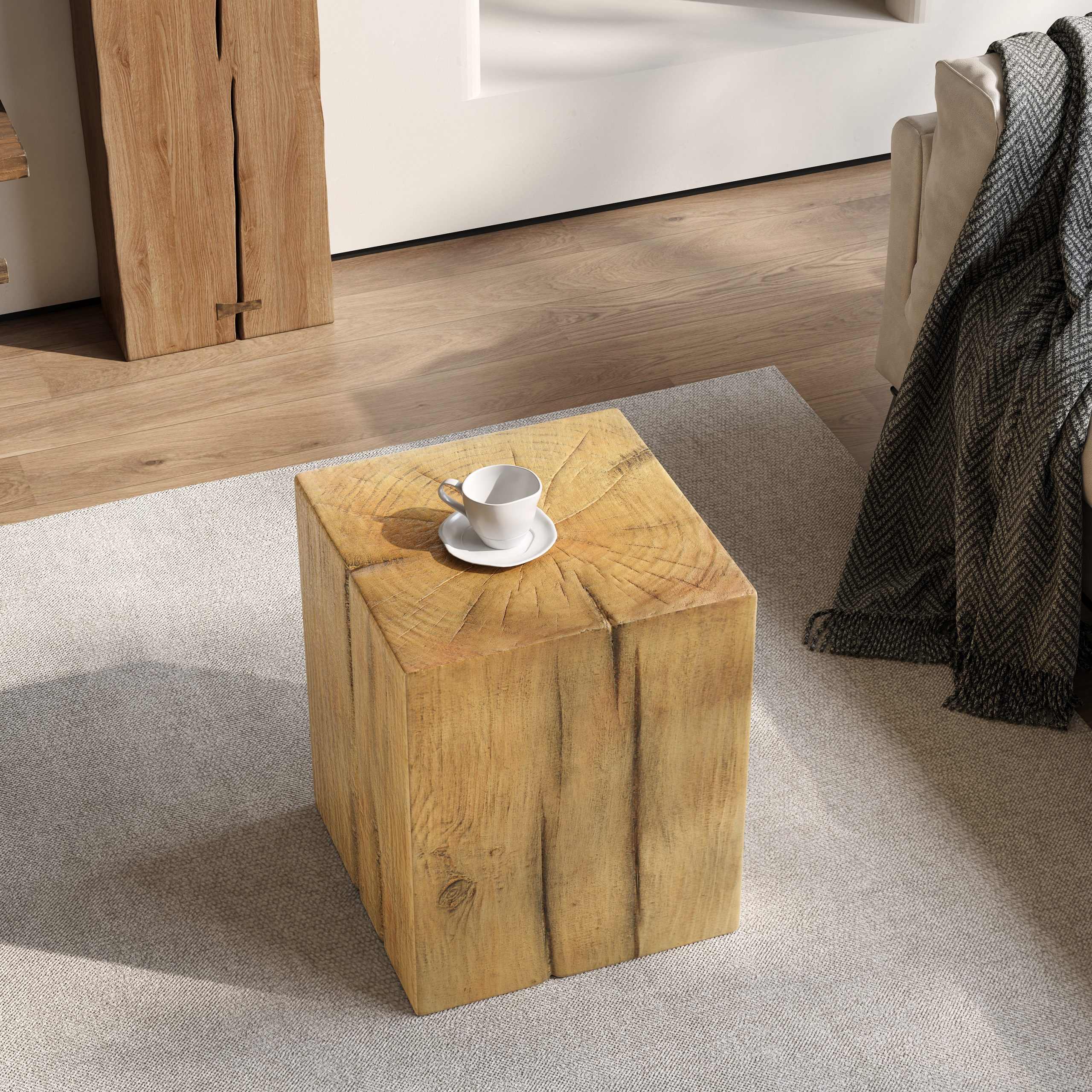 Wood-Look Square-Column MGO End Table, H18″,Wood-Like Distressed Finish, Mix with Different Heights, Indoor Outdoor Use,Natural Color