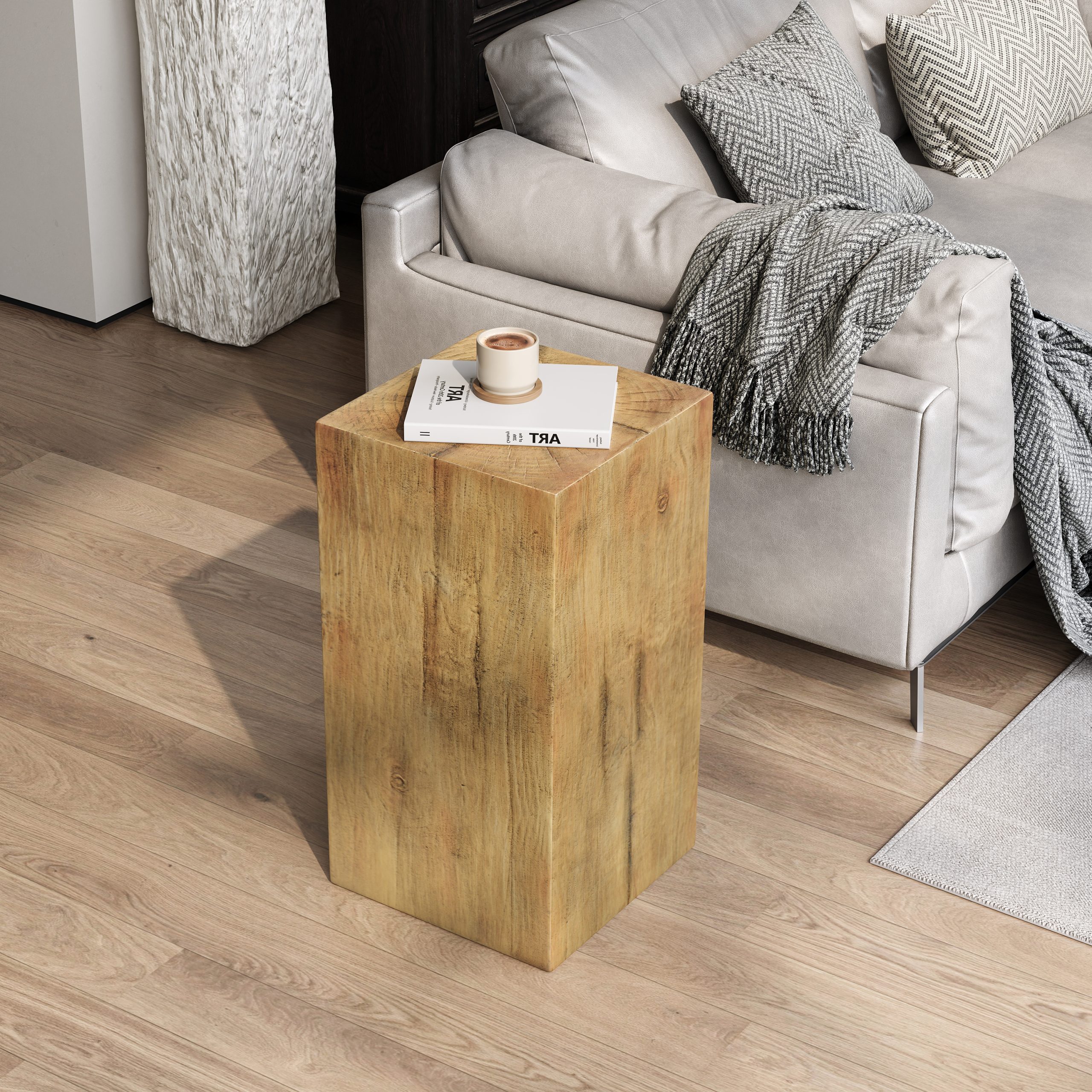 Wood-Look Square-Column MGO End Table, H27.75″,Wood-Like Distressed Finish, Mix with Different Heights, Indoor Outdoor Use,Natural Color
