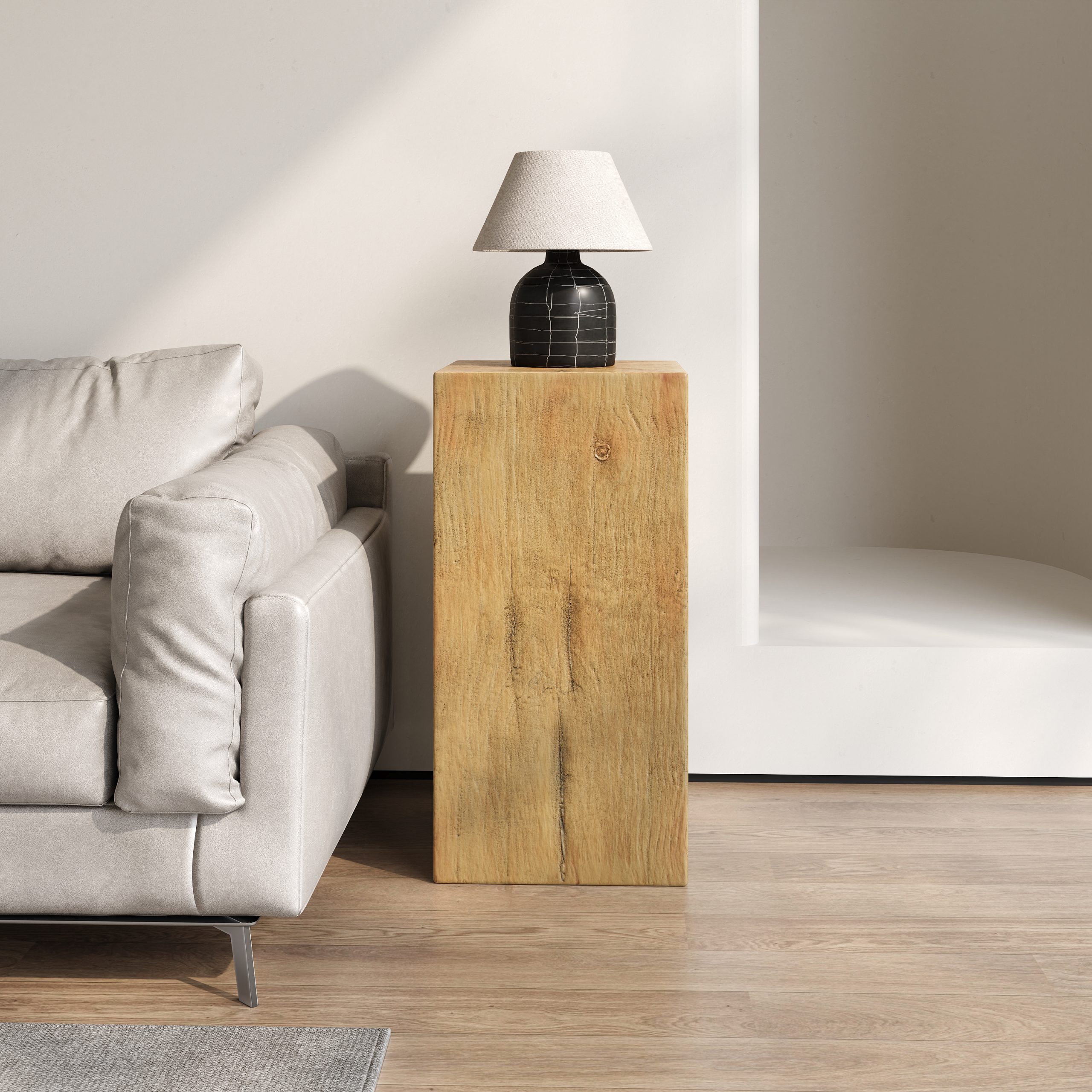 Wood-Look Square-Column MGO End Table, H33.75″,Wood-Like Distressed Finish, Mix with Different Heights, Indoor Outdoor Use,Natural Color
