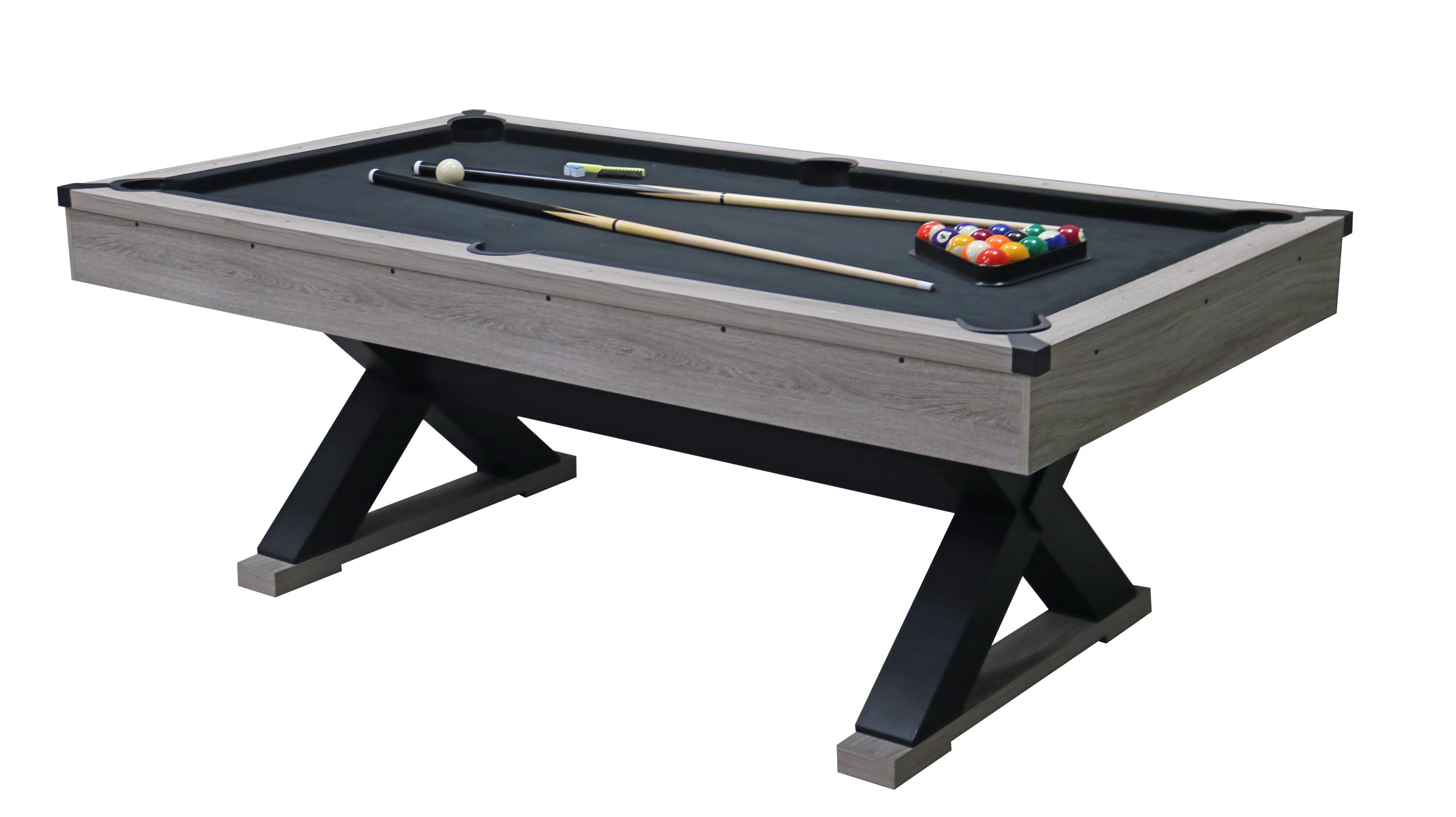 84″ Pool Table with Billiard Balls, Cues, Pool Cue Chalk, Cleaning Brush, X-Legs, Black Cloth, Rustic Grey,84.1″L x 46.5″W x 32″H