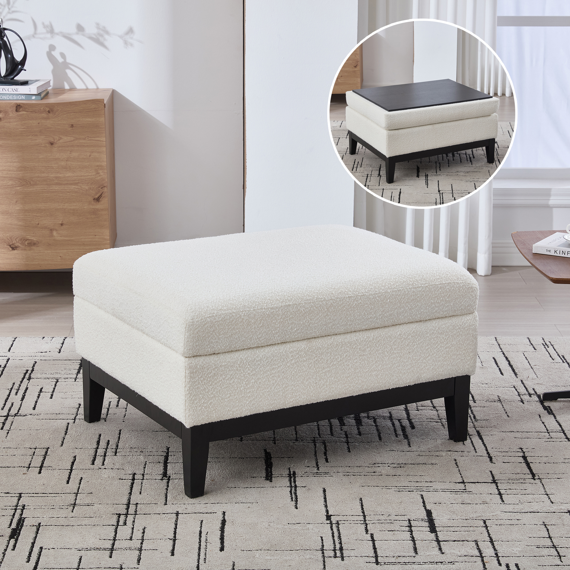 33.86″W Upholstered Wood Base Storage Ottoman With Reversible Lid Coffee Table, Foot Stool Square Footrest with Rubberwood Legs for Living Room Bedroom Entryway and Office, Ivory Boucle.