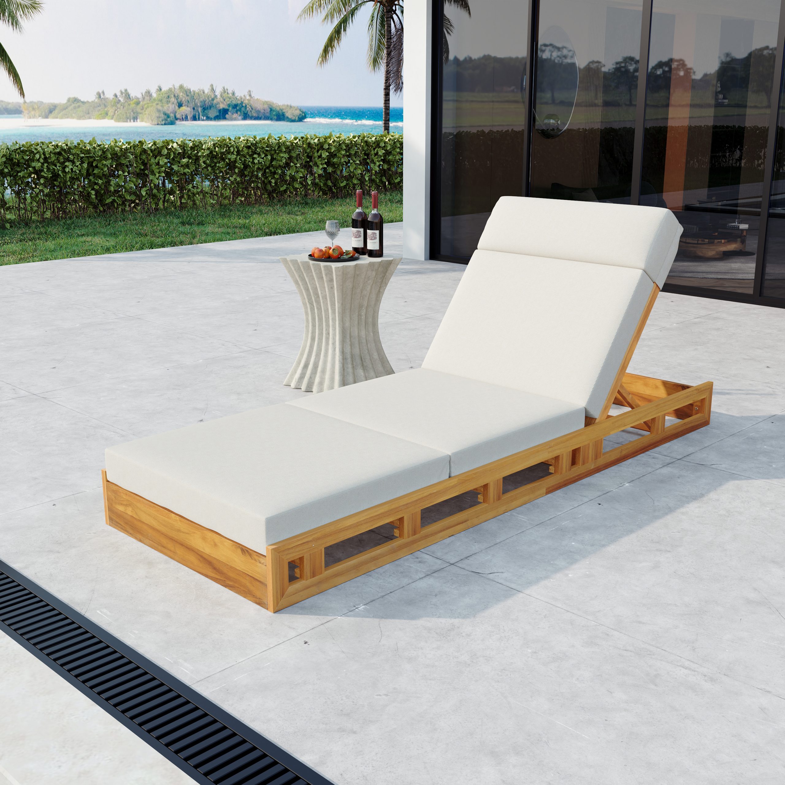 LOUNGE CHAISE SET WITH HEADREST,ACACIA WOOD WITH WATER-RESISTANT LOUNGE CUSHIONS (CREAM & 3-FOLD & 4 inch) – MATCHING DARK GREY/BEIGE VERSION AVAILABLE