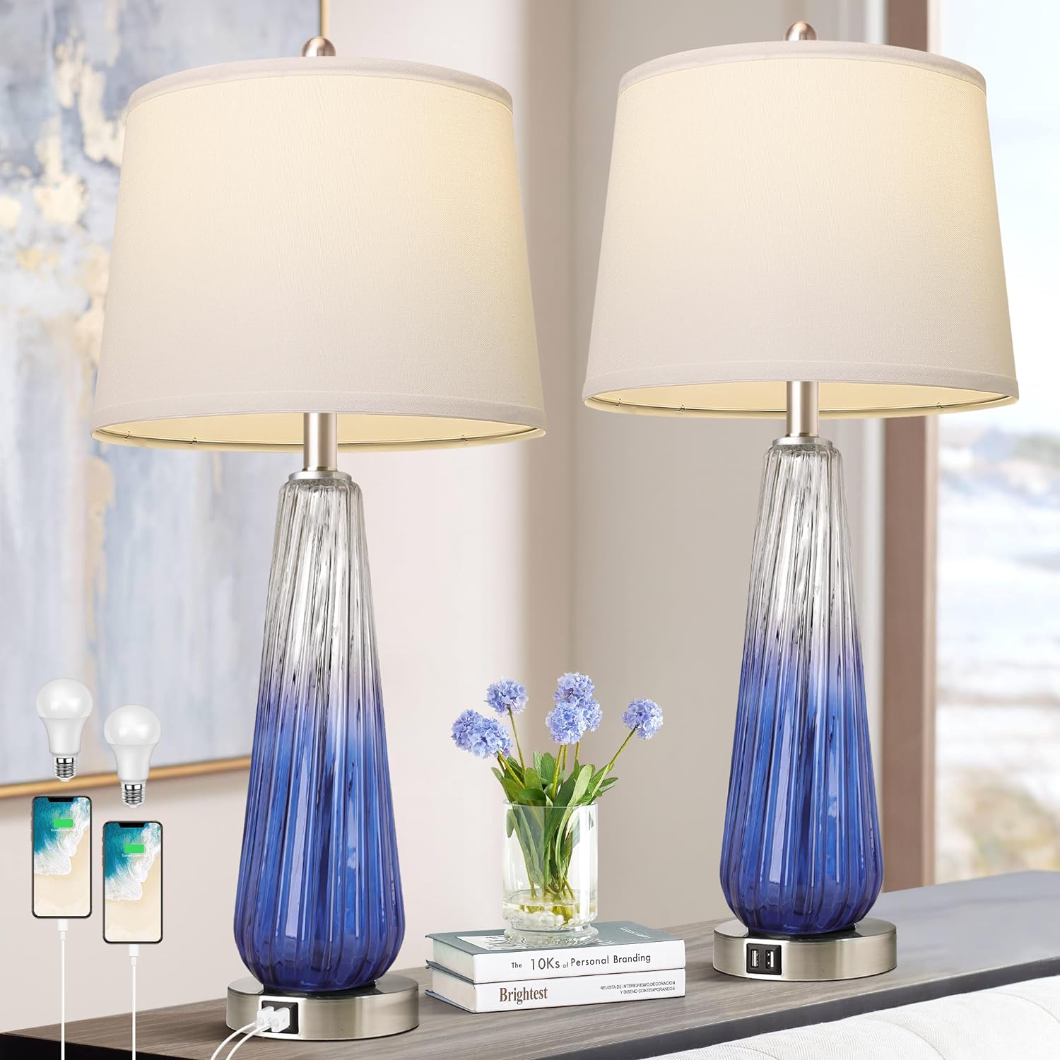 Table Lamps Set of 2 with Touch Control, 3-Way Dimmable Modern Glass Bedside Lamps with USB A+C Ports, Nightstand Lamp with White Fabric Shade, 27.5″ Large Lamps for Living Room Bedrooms Decorations