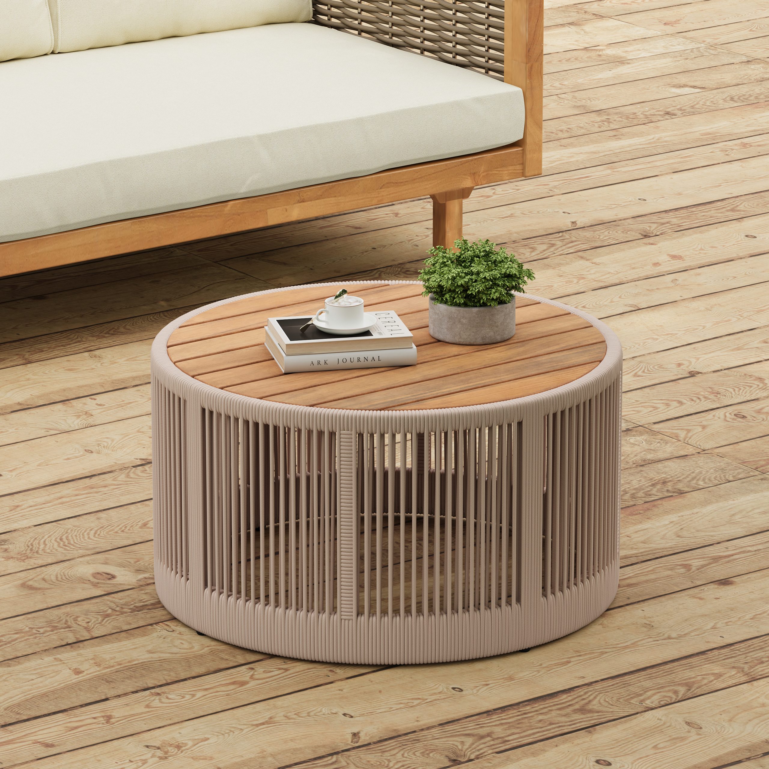 Outdoor Rattan rope & Acacia Wood Coffee Table – Patio Balcony Furniture for Garden, Yard, Balcony – Weather Resistant(Rope Beige, Natural Iron)