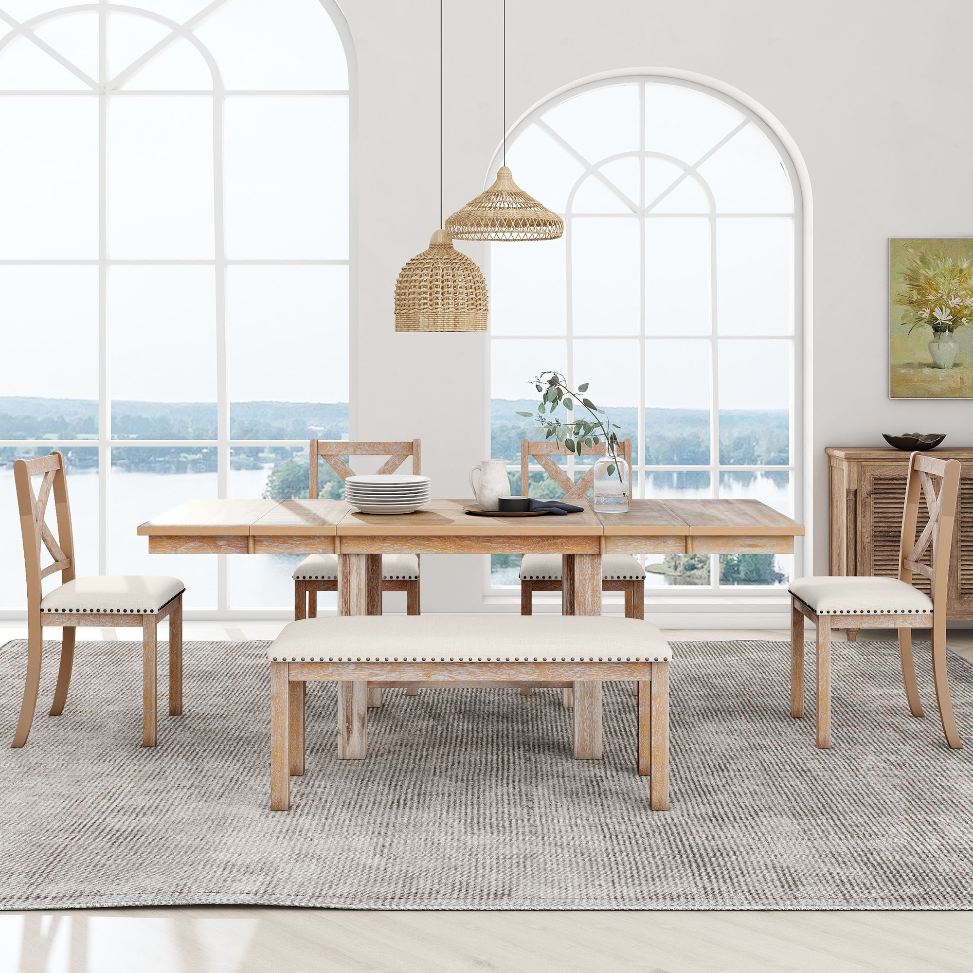 TOPMAX Farmhouse 82inch 6-Piece Extendable Dining Table with Footrest, 4 Upholstered Dining Chairs and Dining Bench, Two 11″Removable Leaf, Natural+Beige Cushion (old sku: SP000023AAN)