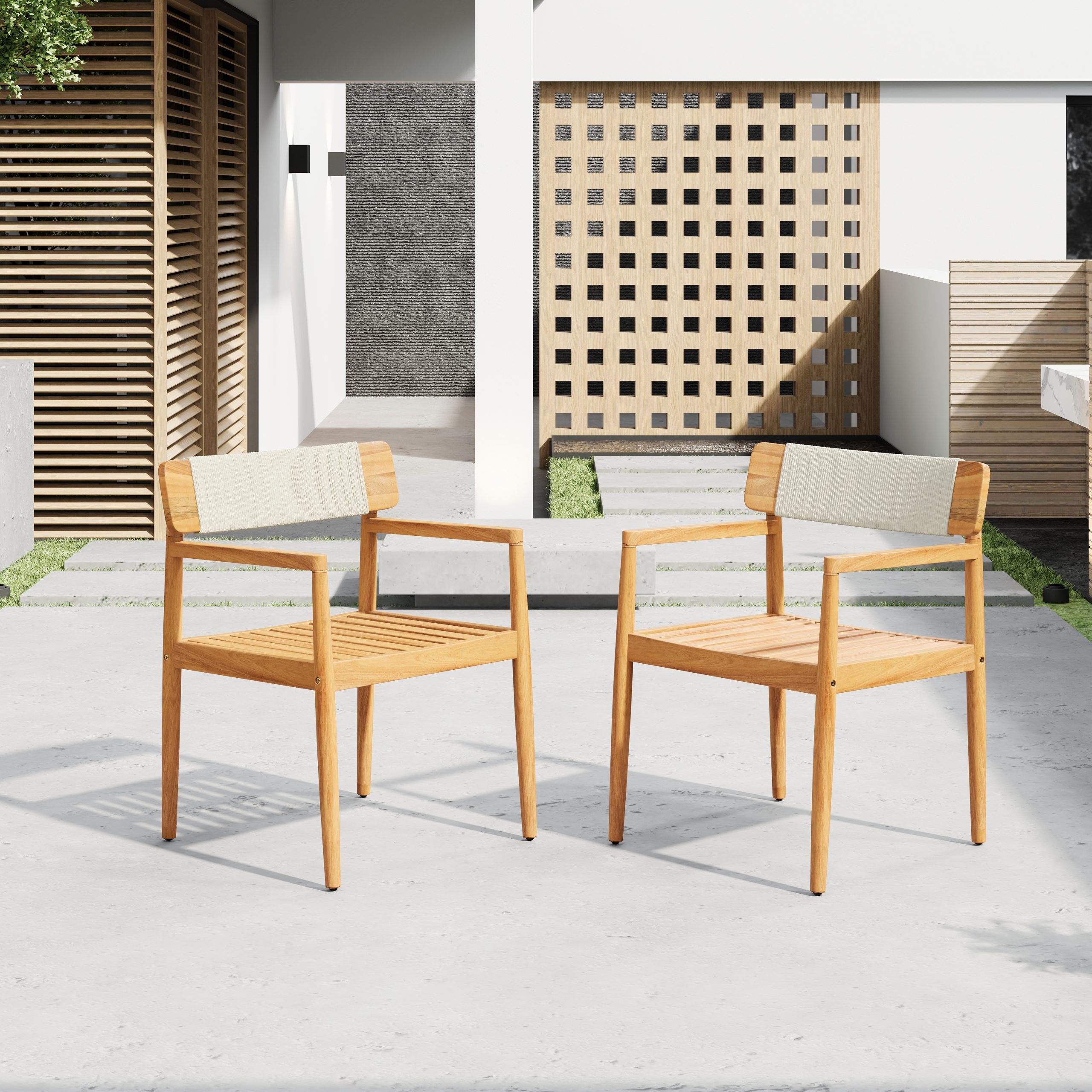 CREATIVE BRAIDED ACACIA WOOD OUTDOOR DINING TABLE AND CHAIRS WITH ARMRESTS, SUITABLE FOR OUTDOOR DINING AND LEISURE PLACES, TEAK LOOK & WHITE ROPE,SET OF 2