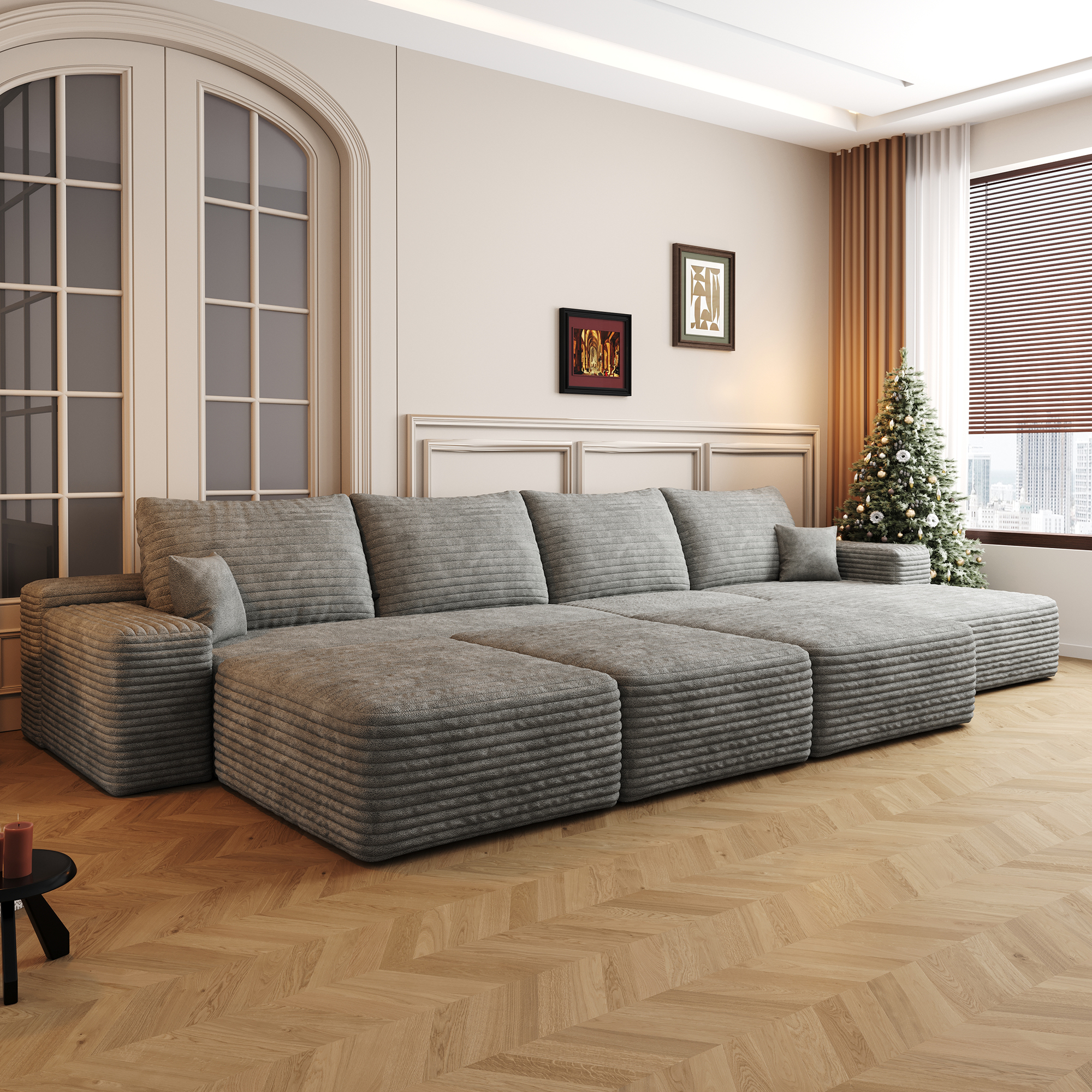 135″Large size modular cloud sofa 6 seats down sofa bed apartment living room sofa ,No Assembly Required,Grey(Plush Corduroy Fabric)