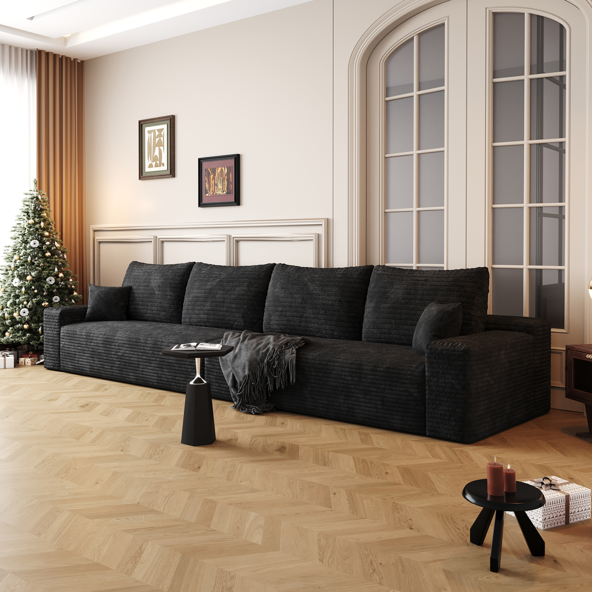 140″ Cloud Sectional Couch,Modern Modular Sofa with Deep Seat, Upholstered Couches for Living Room Bedroom,No Assembly Required,Black (Plush Corduroy Fabric)