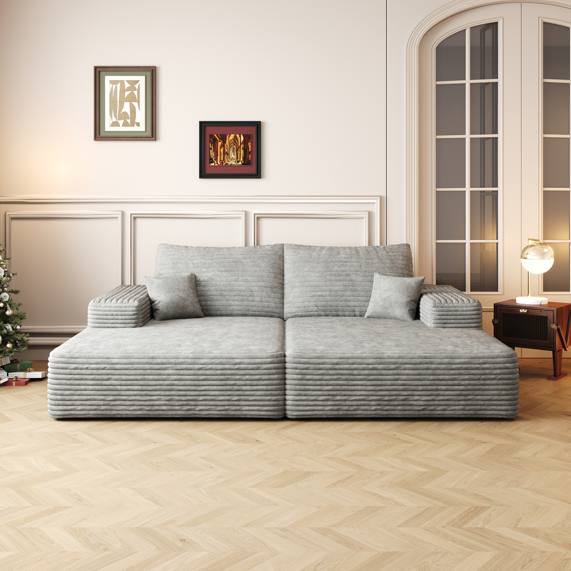 74.8″ Modern Sofa bed With Dual sleeper, lounger for moviebonus room,No Assembly Required,Grey (Plush Corduroy Fabric)