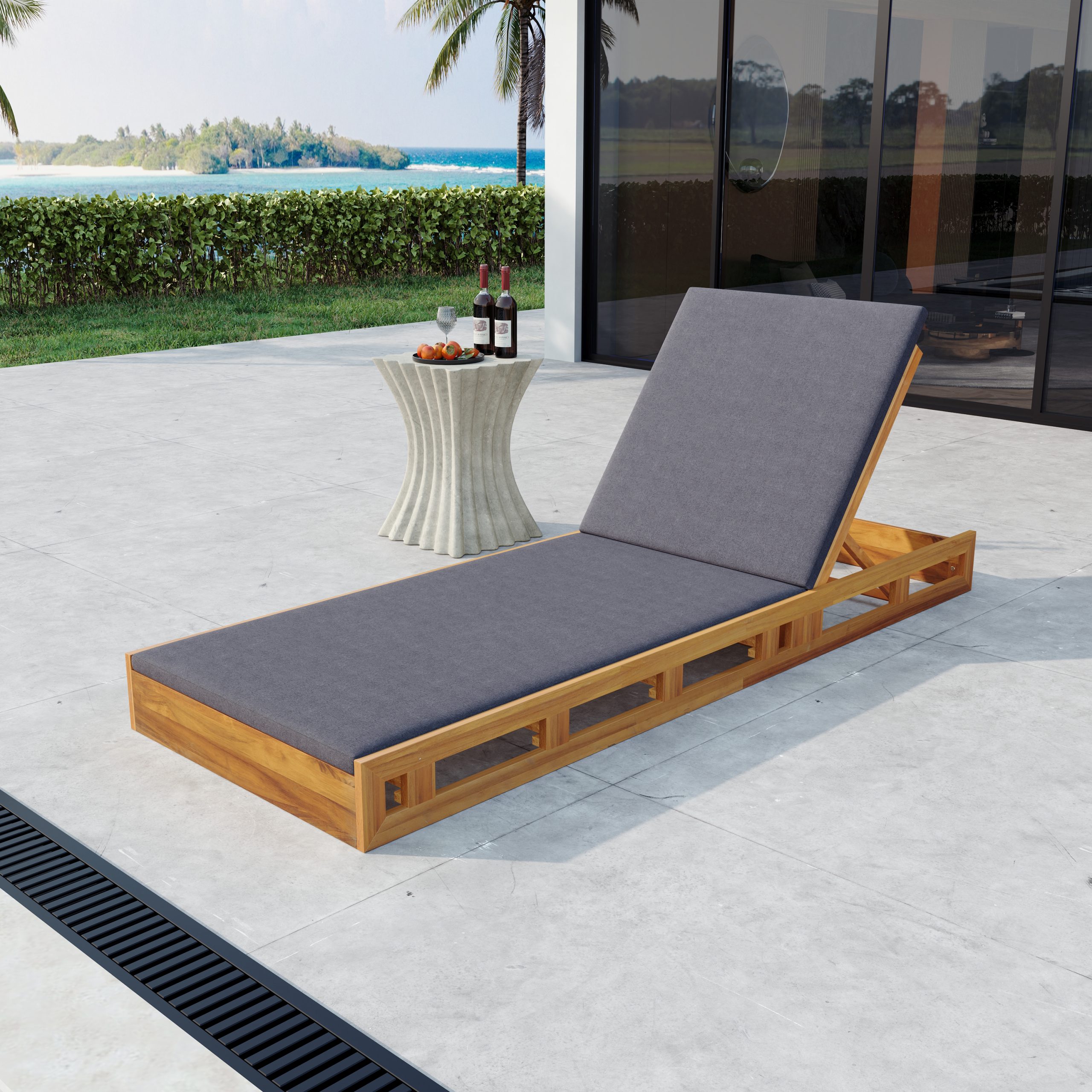 LOUNGE CHAISE SET,ACACIA WOOD WITH WATER-RESISTANT LOUNGE CUSHIONS (Dark Grey/ & 2 INCH THICK) – MATCHING CREAM/LEAF COCONUT VERSION AVAILABLE