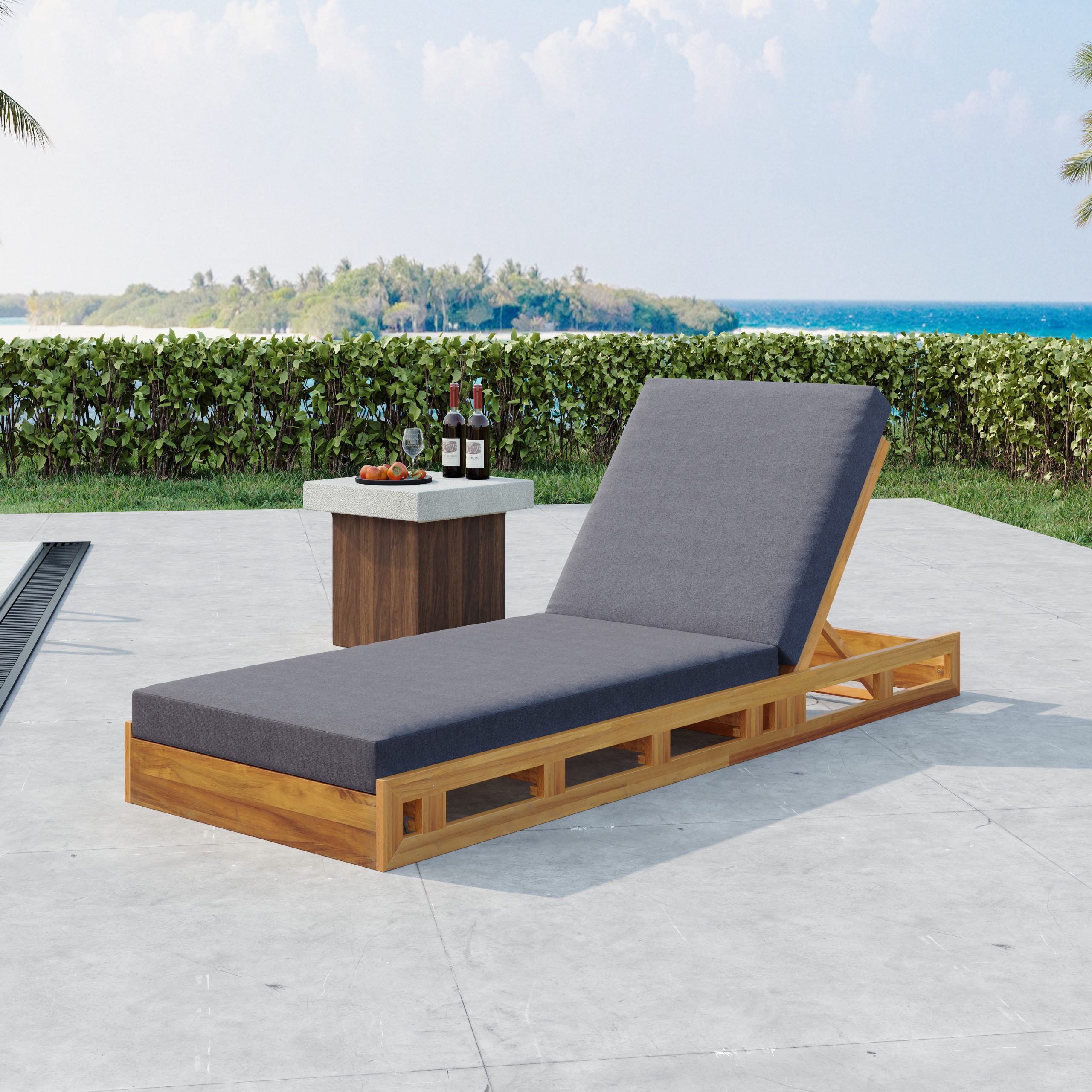 LOUNGE CHAISE SET, ACACIA WOOD WITH WATER-RESISTANT LOUNGE CUSHIONS (Dark Grey/ & 4 INCH THICK) – MATCHING CREAM VERSION AVAILABLE