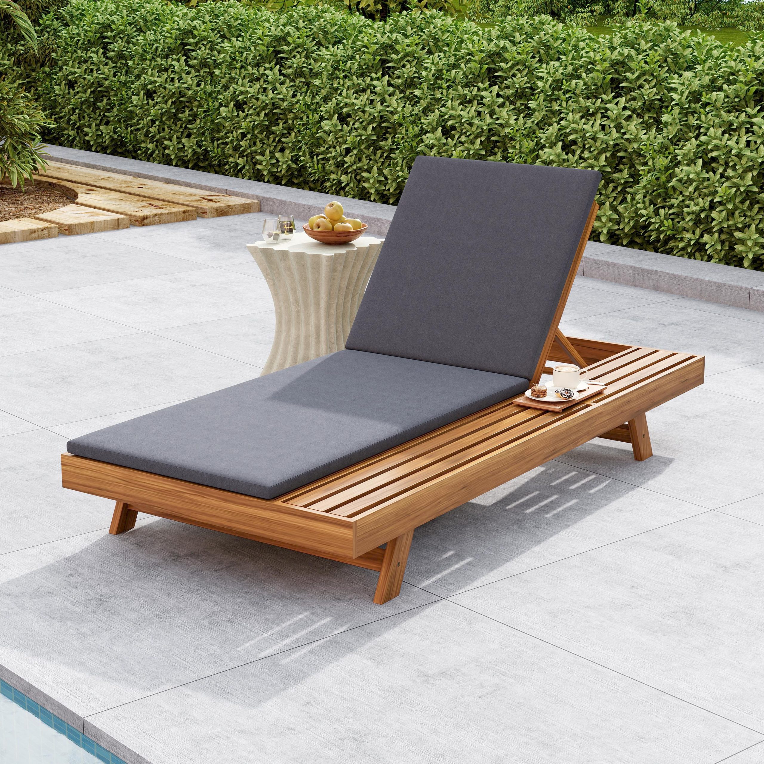 LOUNGE CHAISE SET,SPACE AVAILABLE ON ONE SIDE, ACACIA WOOD WITH WATER-RESISTANT LOUNGE CUSHIONS (Dark Grey/ & 2 INCH THICK) – MATCHING CREAM/LEAF COCONUT VERSION AVAILABLE