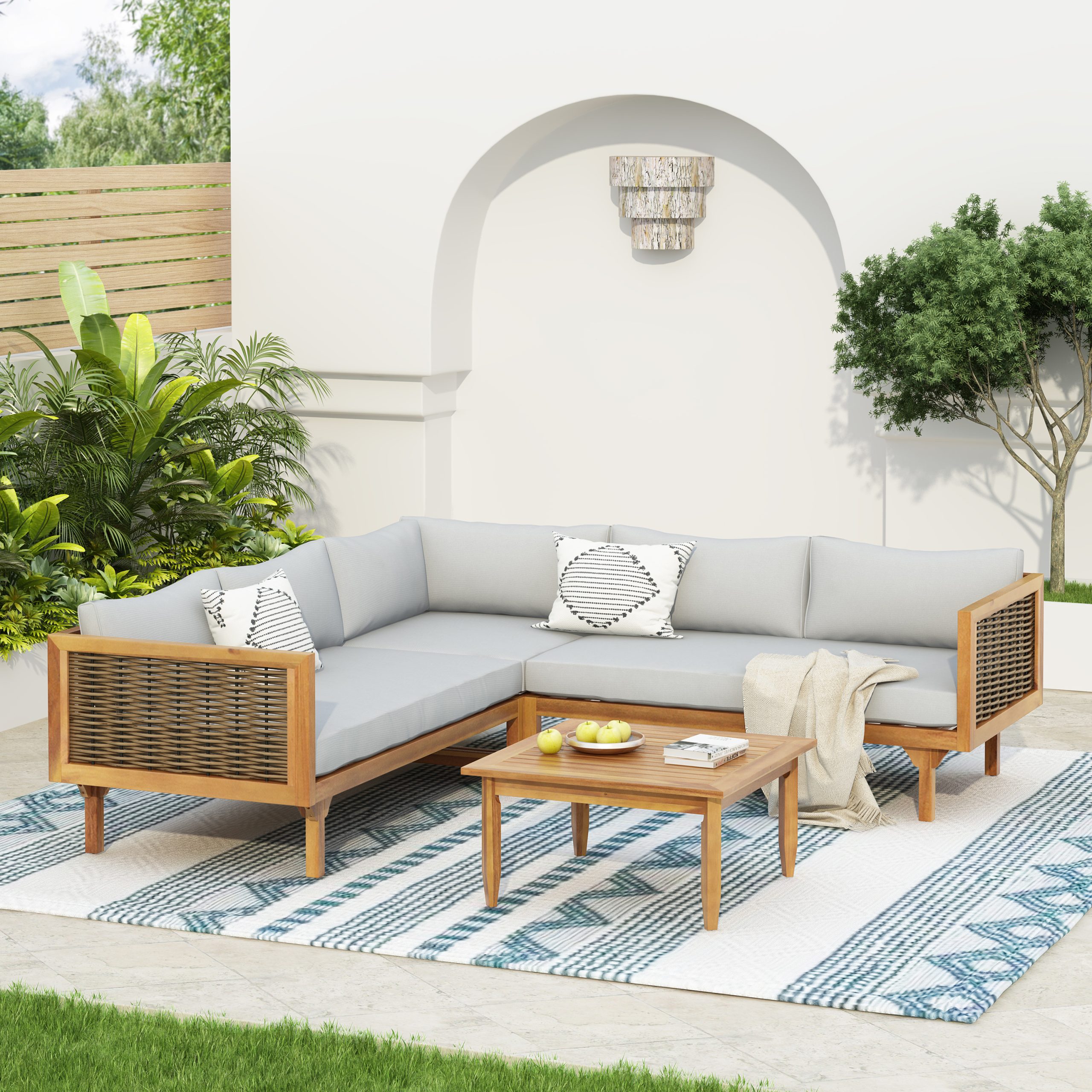 SECTIONAL SEATING GROUP WITH WATERPROOF CUSHIONS – PREMIUM OUTDOOR SOFA SET(LIGHT GRAY CUSHION)