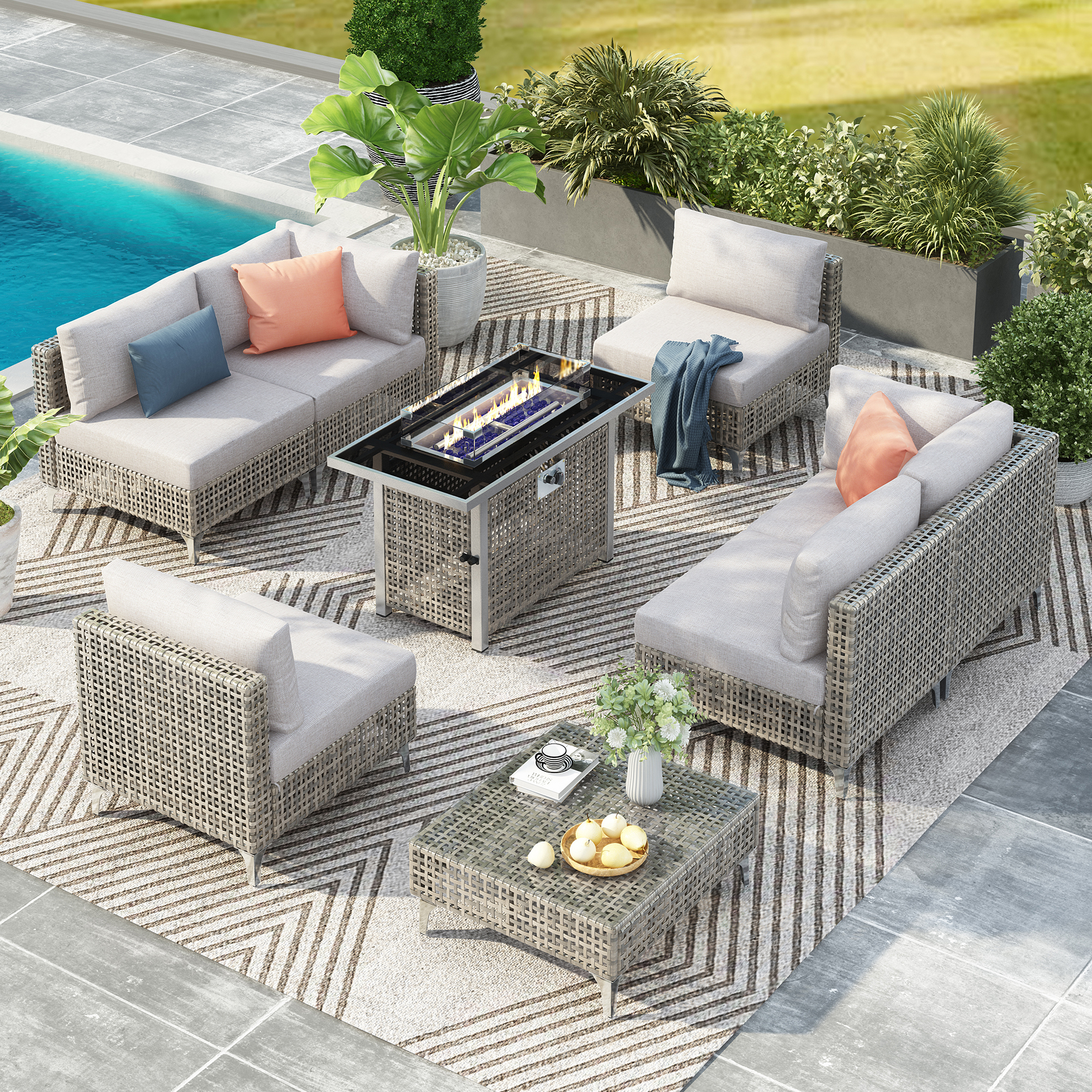 K&K patio 8-Piece Patio Furniture Set with 43″ Fire Pit Table, Outdoor Conversation Set & 60,000 BTU 43 Inch Rectangle Propane Fire Pit with Water Resistant Grey Thick Cushions, Grey