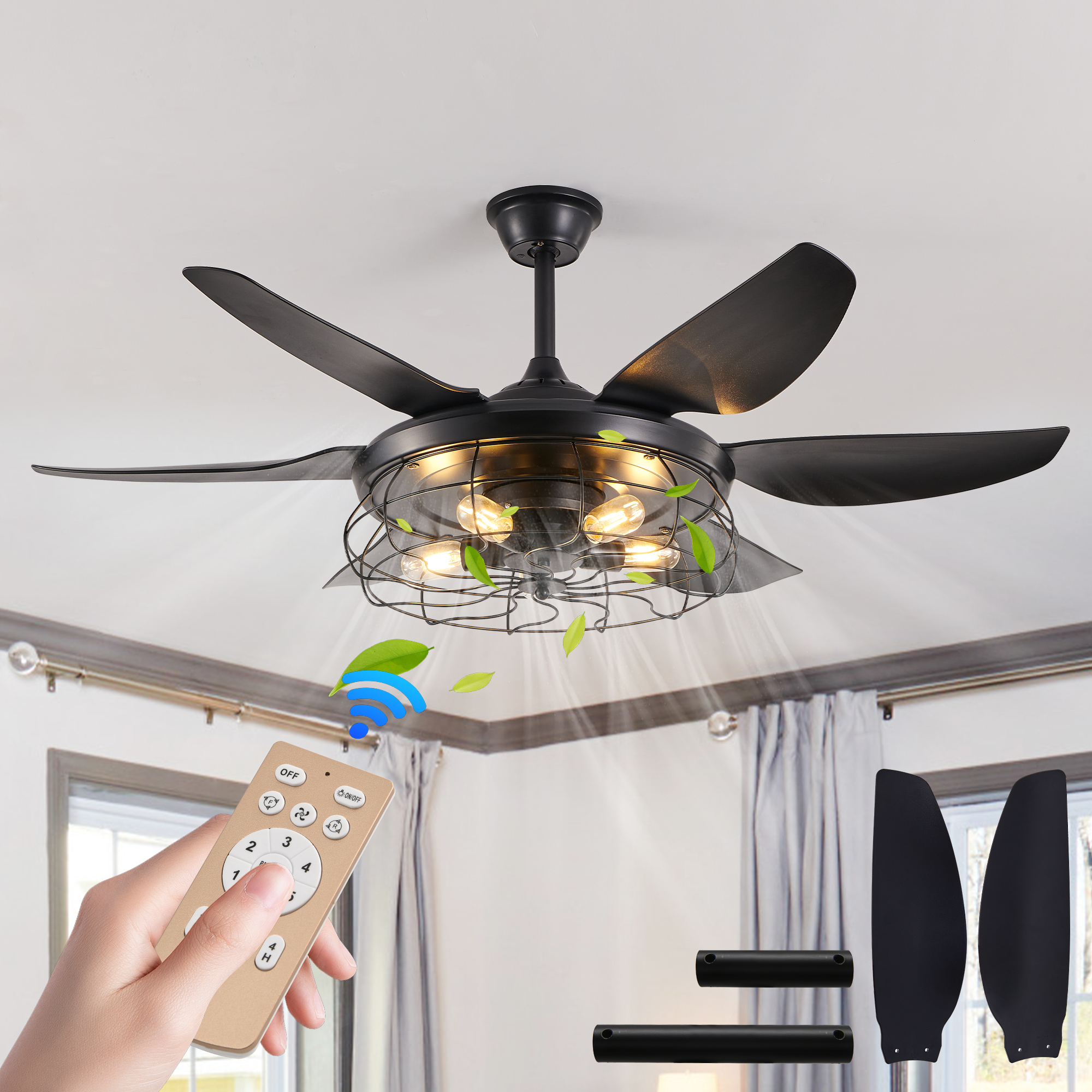 52″ Modern Black Ceiling Fan with Light, 6 Fan Blades and Industrial Cage Design, Adjustable Speed for Living Room, Bedroom, Dining Room (Silent/6-Speed/Reversible/DC Motor) (Bulb Not Included)