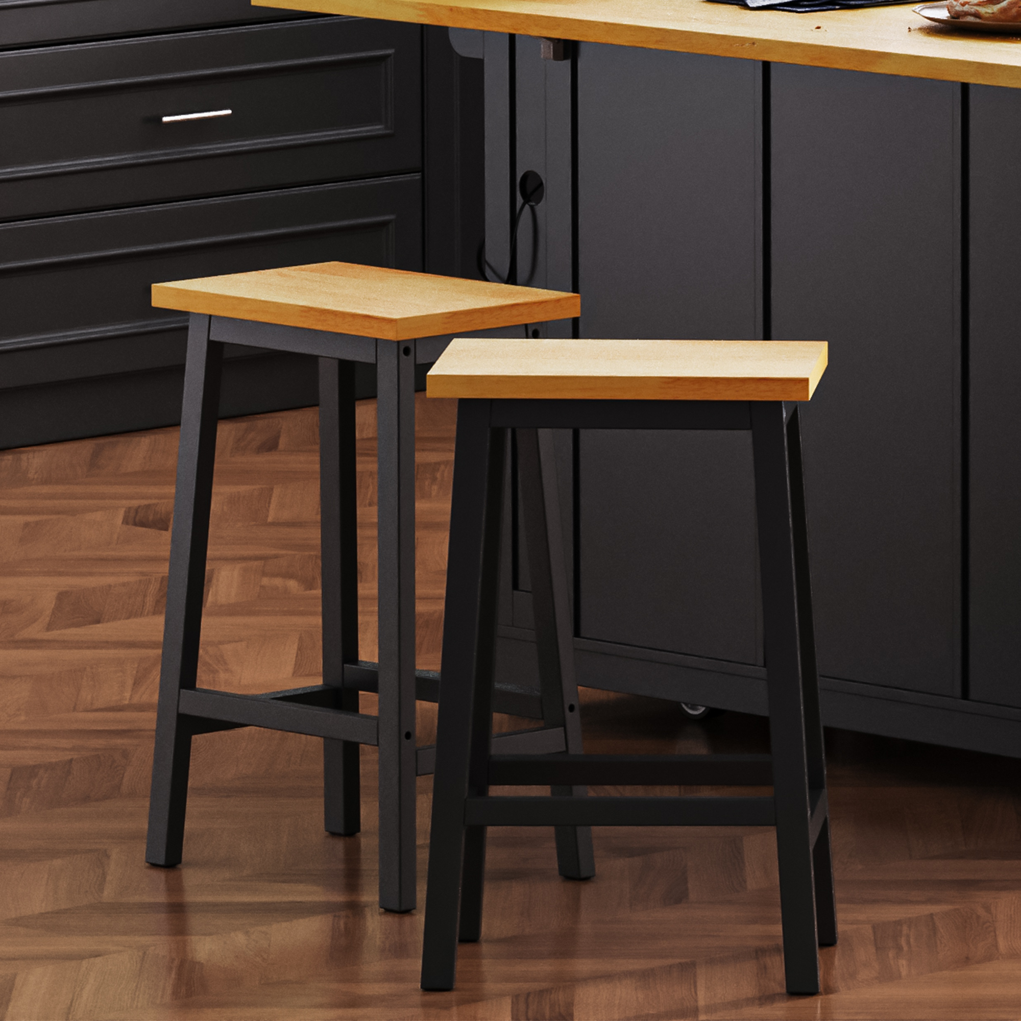 K&K Solid Wood Bar Stools (Not Cheap Iron), 25.6″ Tall Set of 2 Bar Chairs, Kitchen Counter Stools with Footrests, Farmhouse Stools for Dining Room, Kitchen, Counter, Black
