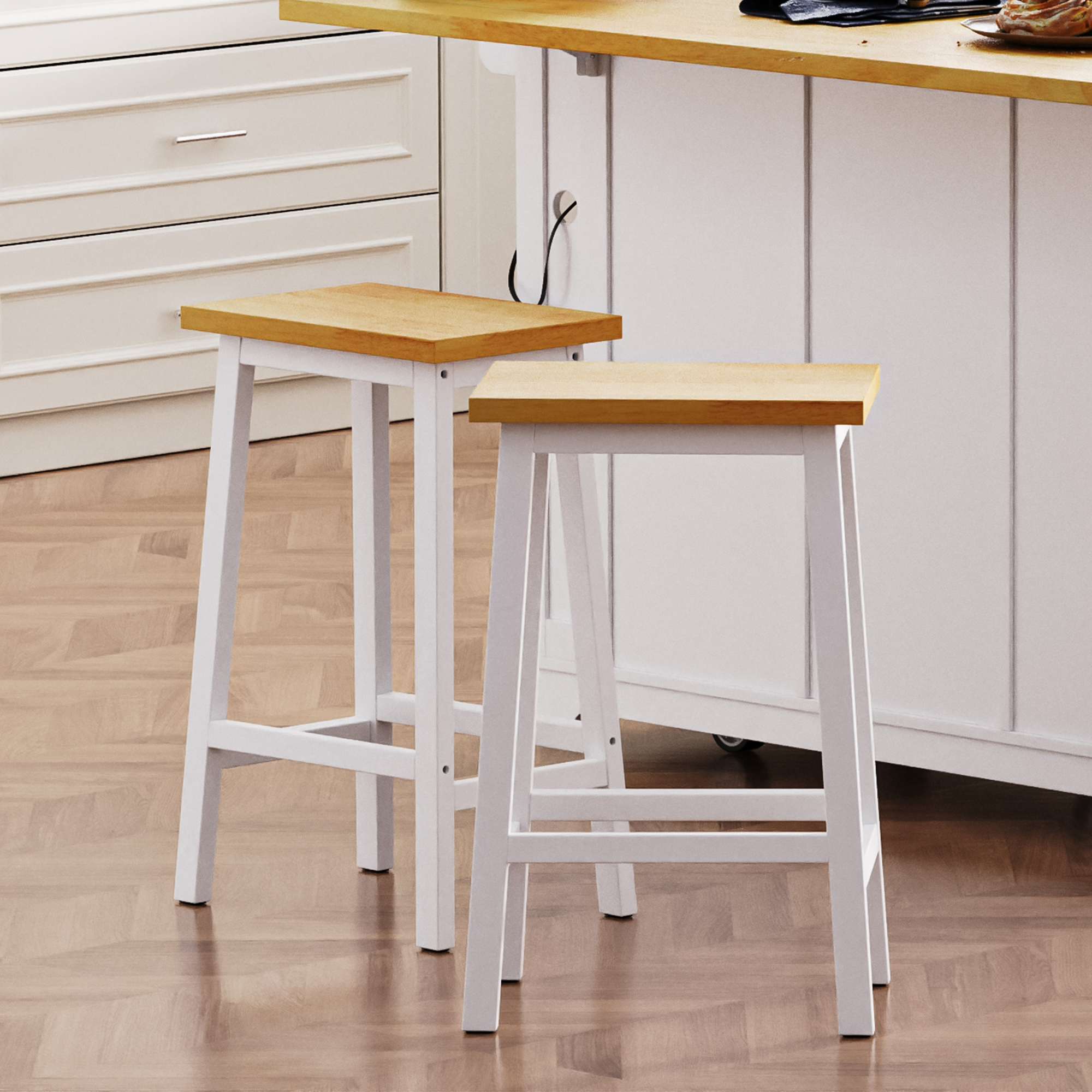 K&K Solid Wood Bar Stools (Not Cheap Iron), 25.6″ Tall Set of 2 Bar Chairs, Kitchen Counter Stools with Footrests, Farmhouse Stools for Dining Room, Kitchen, Counter, White