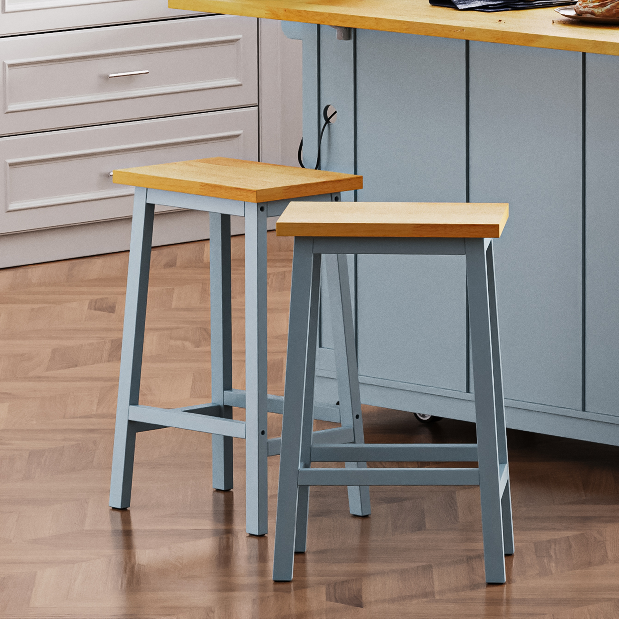 K&K Solid Wood Bar Stools (Not Cheap Iron), 25.6″ Tall Set of 2 Bar Chairs, Kitchen Counter Stools with Footrests, Farmhouse Stools for Dining Room, Kitchen, Counter, Grey Blue