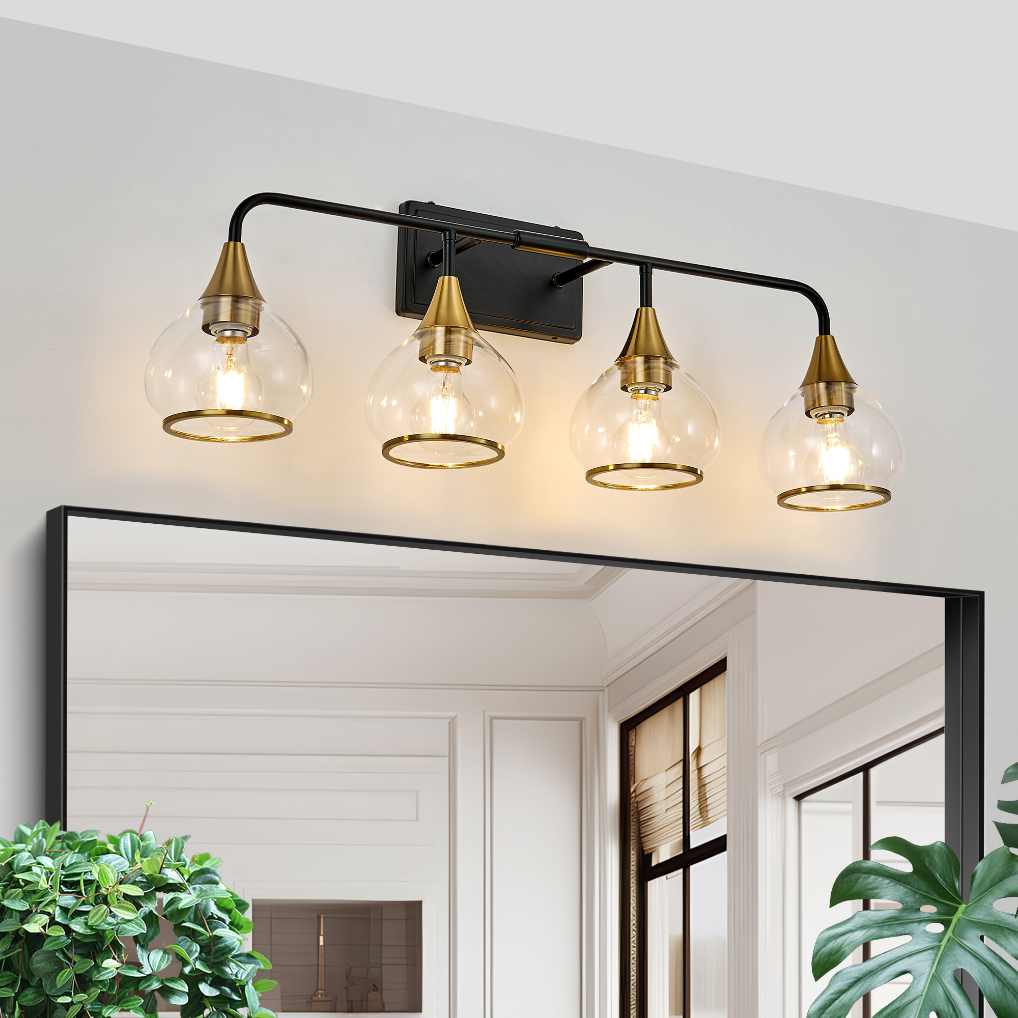 31″ Modern 4-Light Vanity Wall Sconce – Black and Gold Bathroom Light Fixture with Clear Glass Shades, Industrial Wall Mounted Lamp for Mirror, Vanity, and Living Spaces (Bulb Not Included)