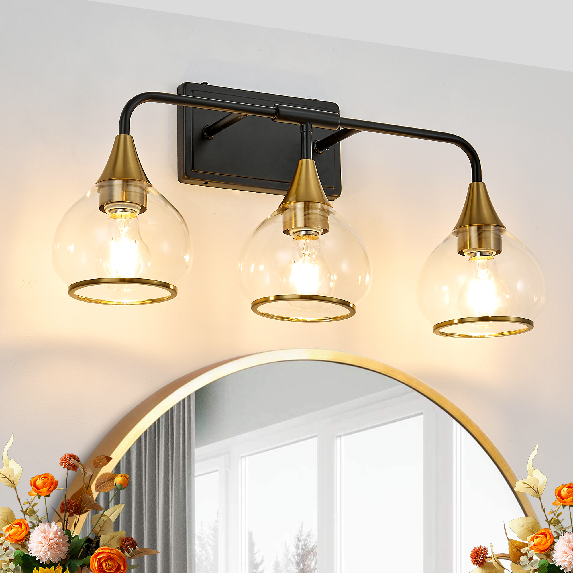 23″ Modern 3-Light Vanity Wall Sconce – Black and Gold Bathroom Light Fixture with Clear Glass Shades, Industrial Wall Mounted Lamp for Mirror, Vanity, and Living Spaces (Bulb Not Included)