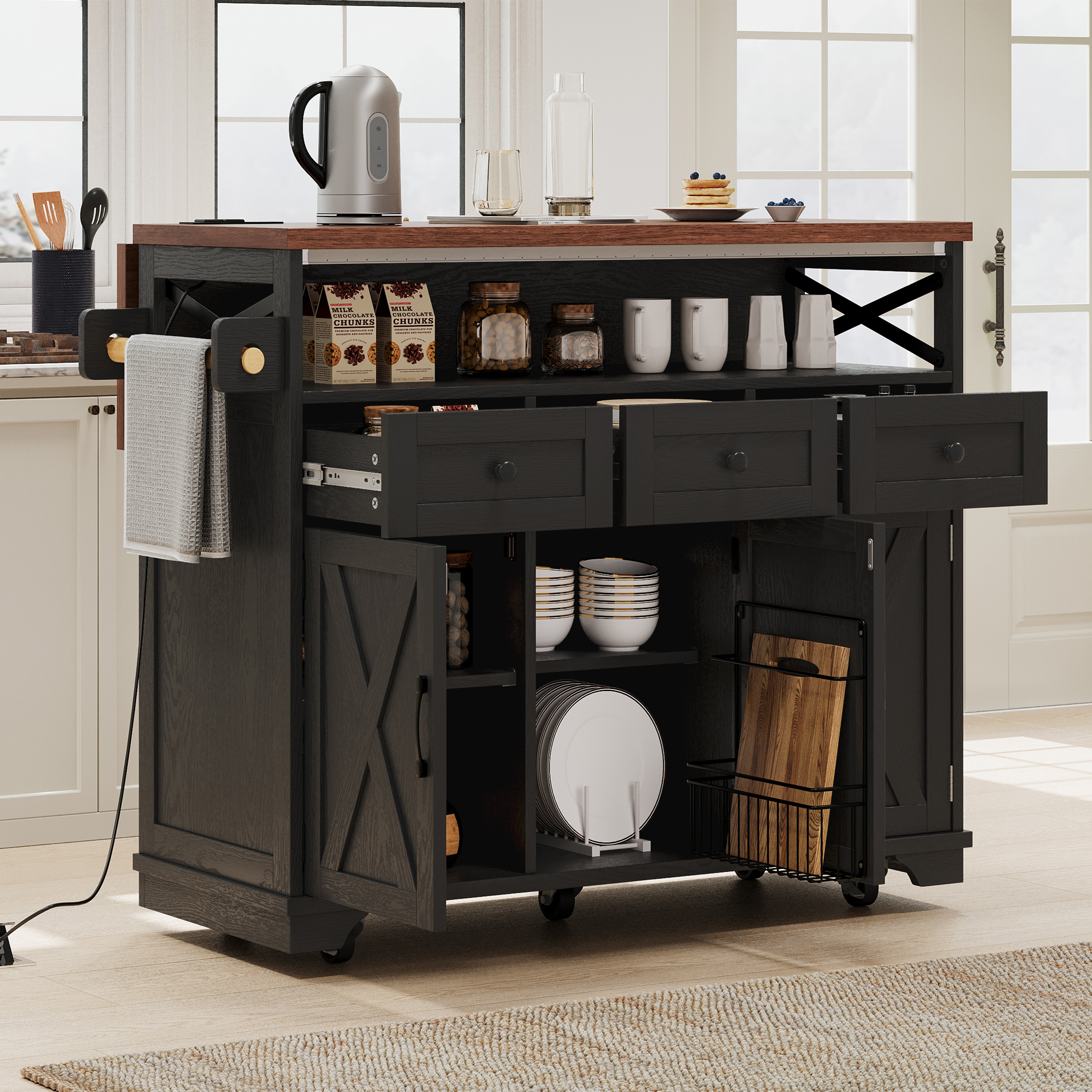 K&K 46.5” Farmhouse Kitchen Island with Drape of Beads, Power Outlet, Rolling Kitchen Cart on Wheels with Drop Leaf, 3 Doors , 3 Drawers and Internal Iron Shelf, for Kitchen, Dining Room, Black