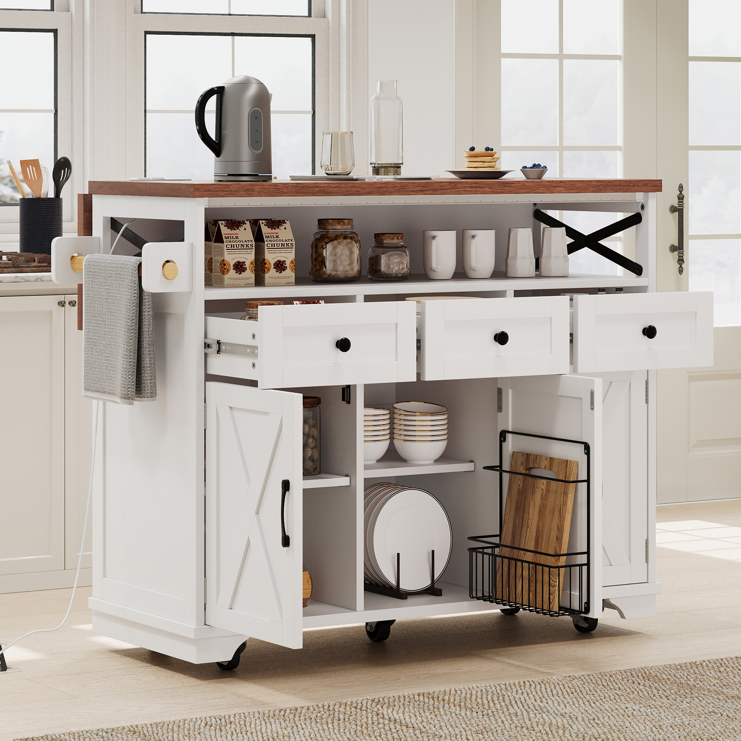 K&K 46.5” Farmhouse Kitchen Island with Drape of Beads, Power Outlet, Rolling Kitchen Cart on Wheels with Drop Leaf, 3 Doors , 3 Drawers and Internal Iron Shelf, for Kitchen, Dining Room, White