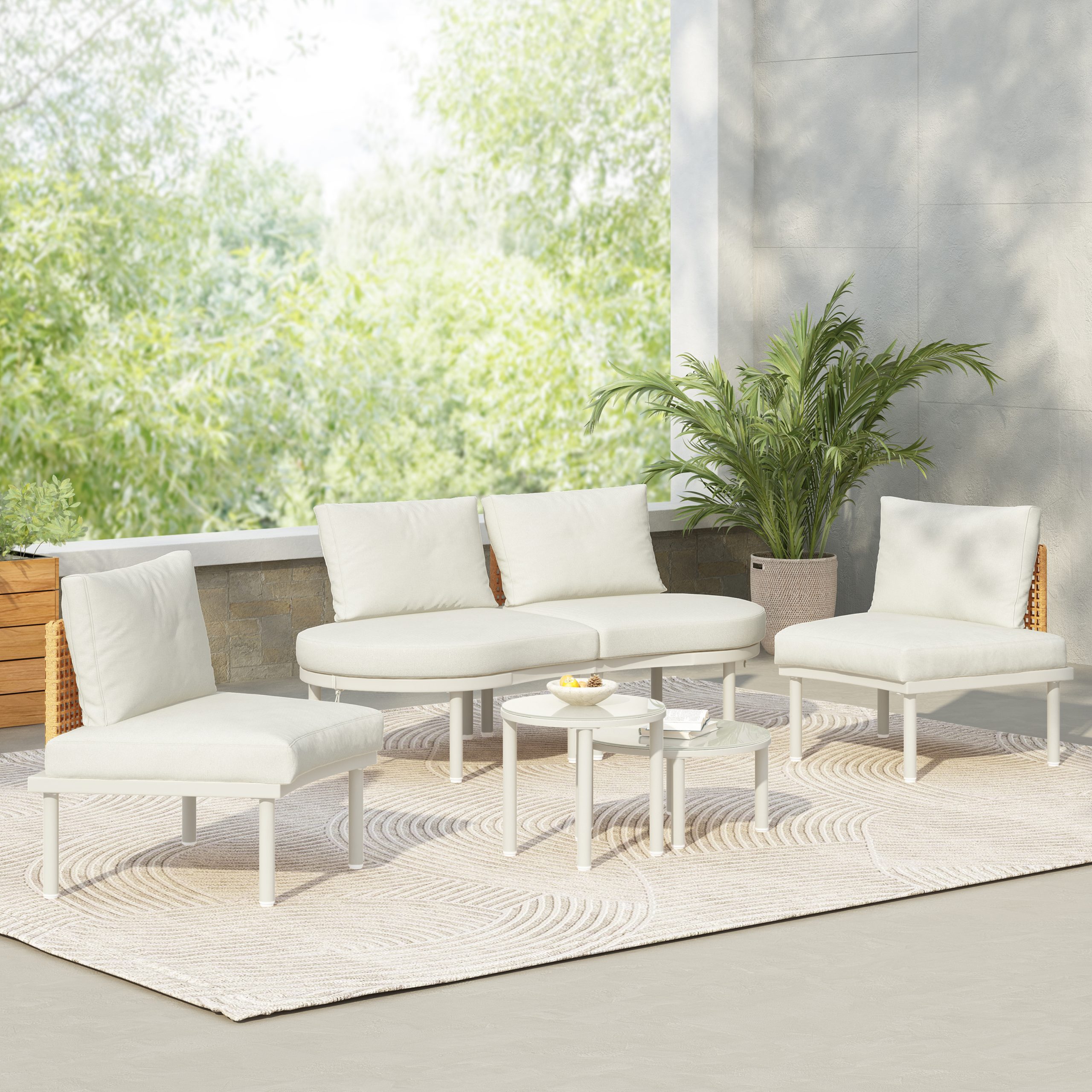 TOPMAX 6-Piece Patio Sofa Furniture Set, Half Moon Outdoor Sectional Sofa with 2 High-Low Coffee Tables, PE Wicker Rattan, Tempered Glass, 4 Pillows & Cushions, for Backyard, Garden, Poolside,Beige