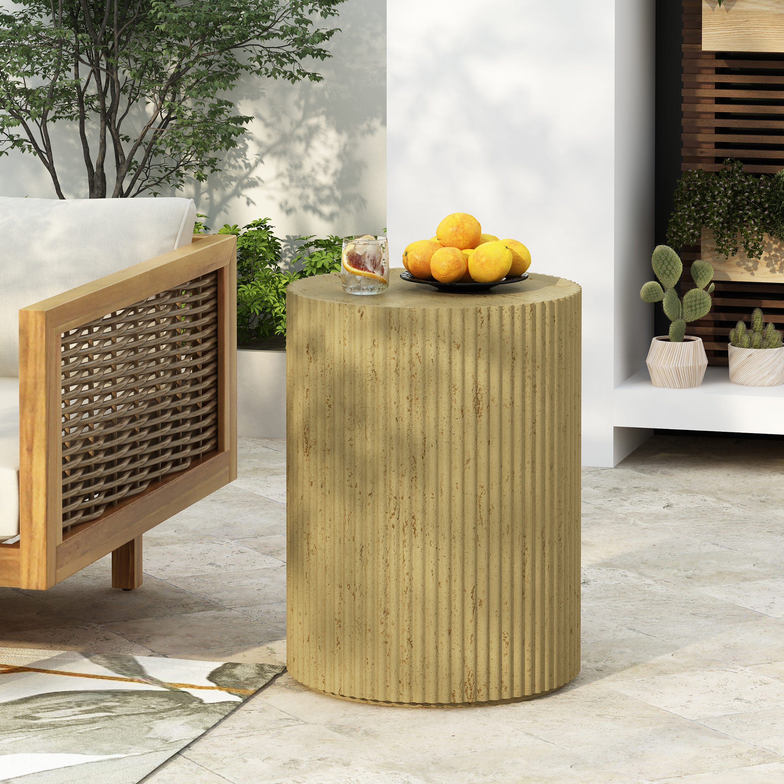 MGO Cylindrical Side Table, Wood-like texture, Antique brown Color