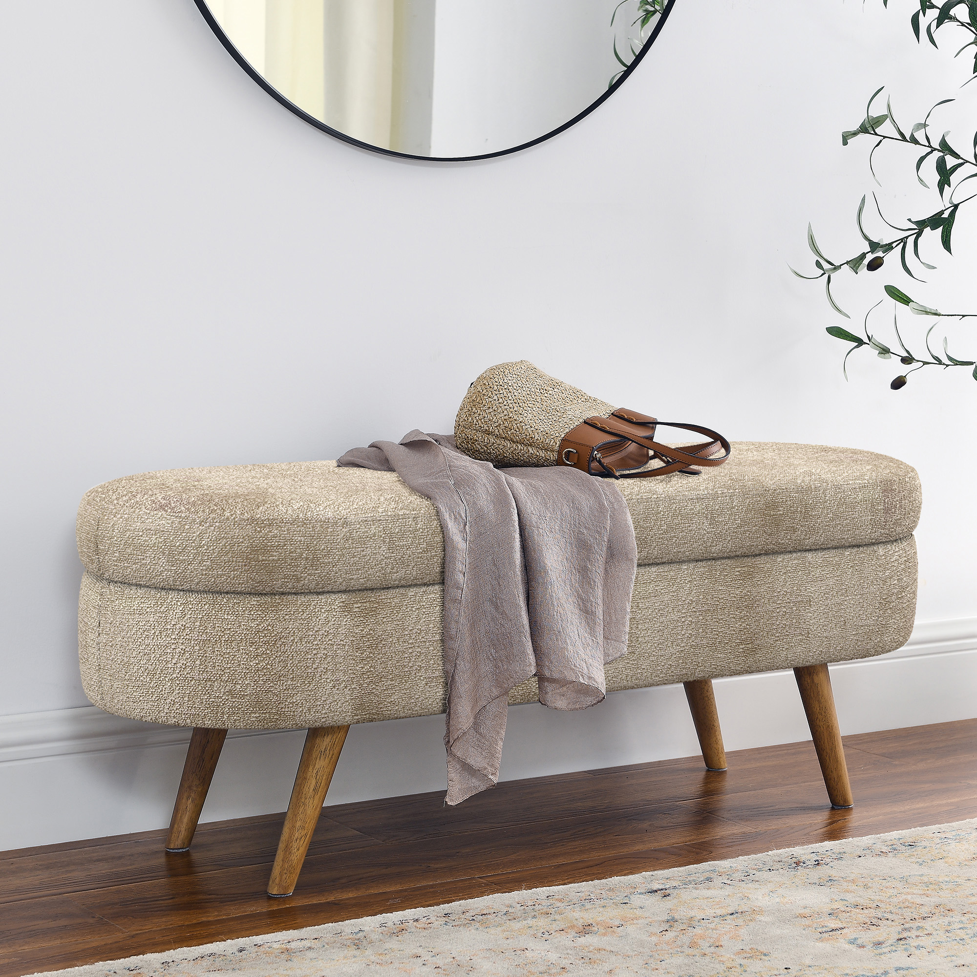 Ottoman Oval Storage Bench,Rubber Wood Legs, Gray (43.5″x16″x16″)Brown