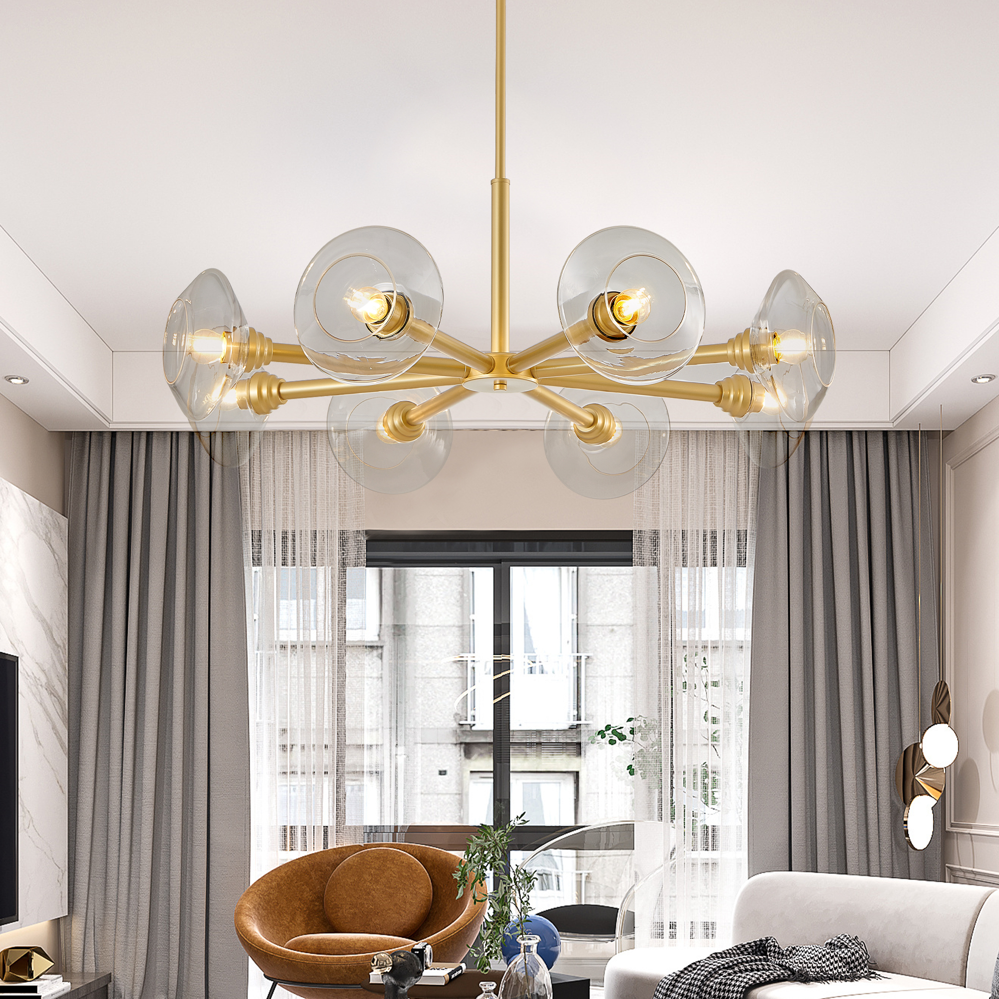 36″ Modern Gold 8-Light Sputnik Chandelier with Clear Glass Shades, Mid-Century Hanging Pendant Light Fixture for Dining Room, Living Room, or Kitchen (Bulb Not Included)