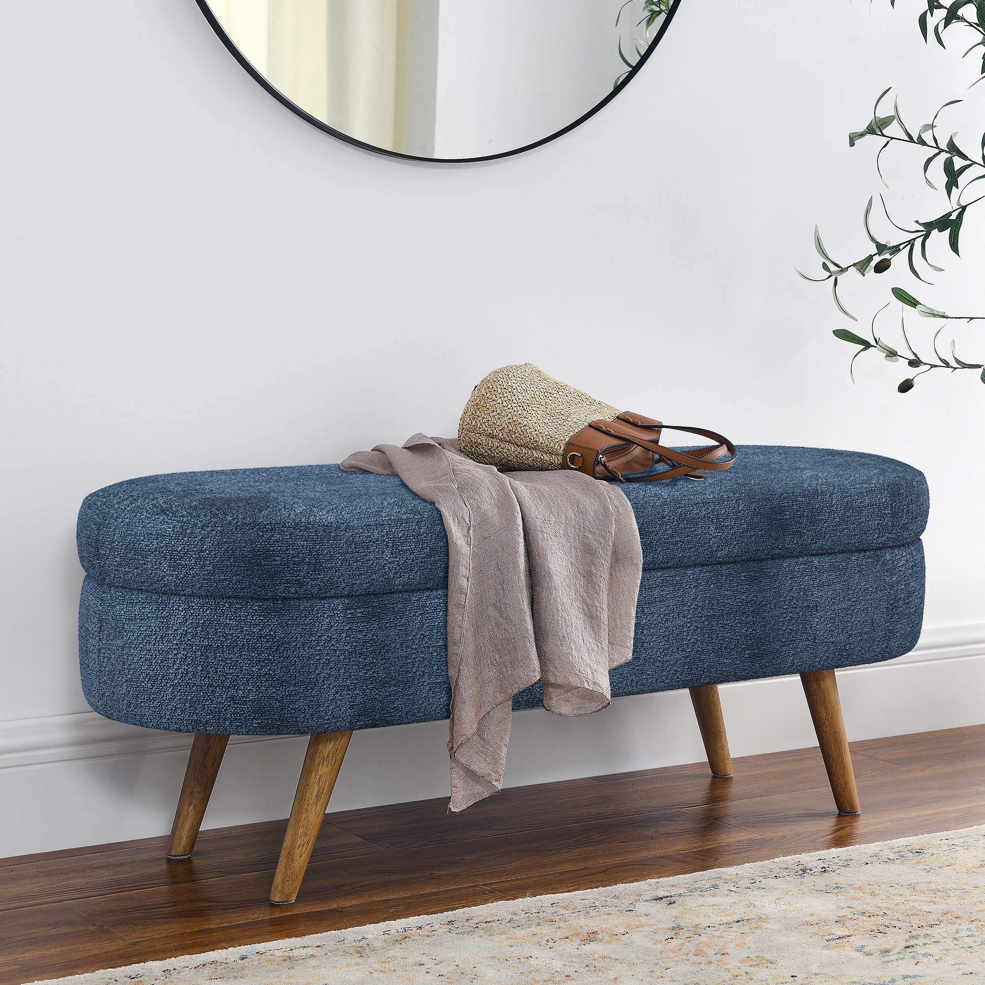 Ottoman Oval Storage Bench,Rubber Wood Legs, Gray (43.5″x16″x16″)Dark Blue