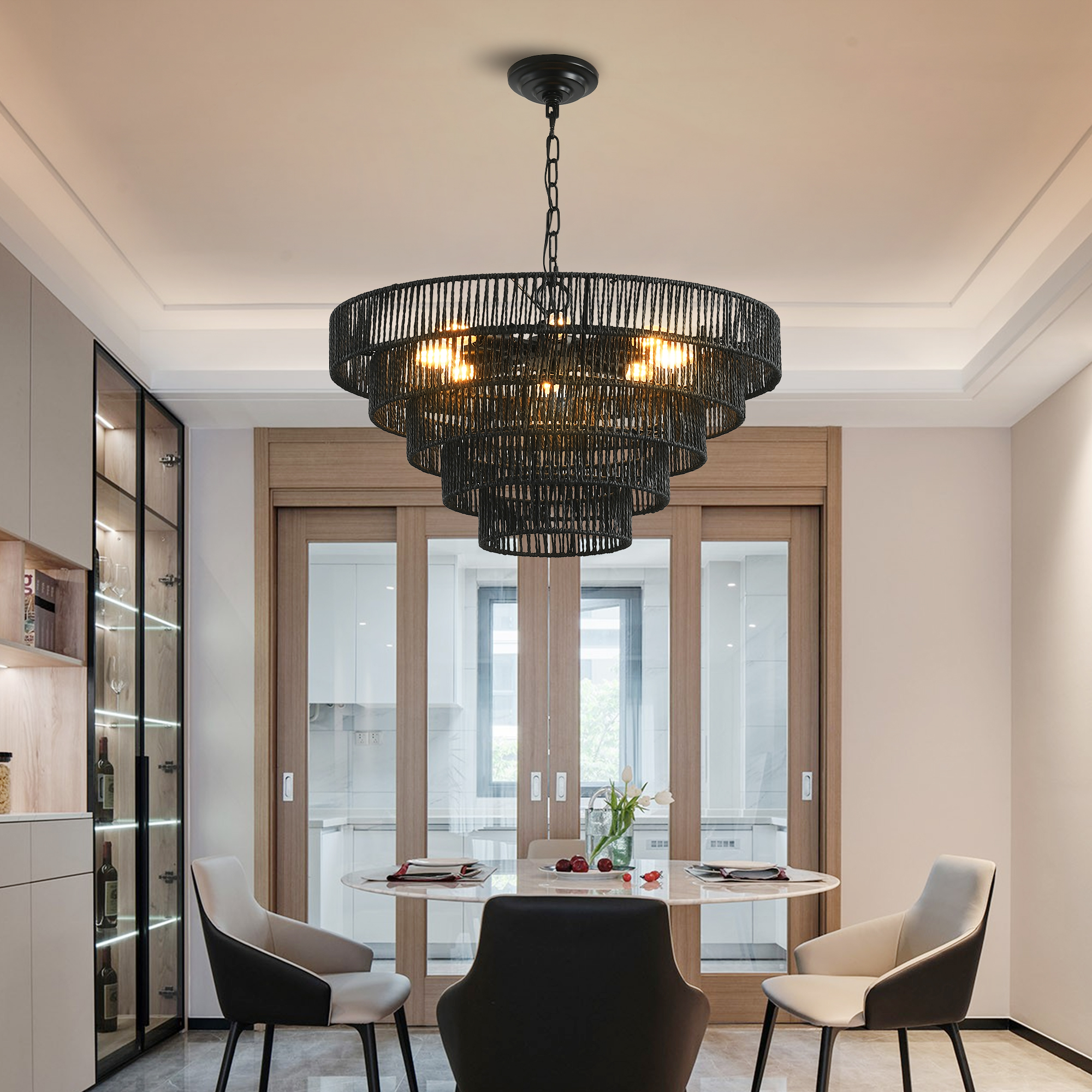 24″ Rustic 5-Tier Black Hemp Rope Pendant Light Chandelier with 8 E12 Sockets, Boho Farmhouse Ceiling Fixture for Dining Room, Kitchen, or Entryway (Bulb Not Included)