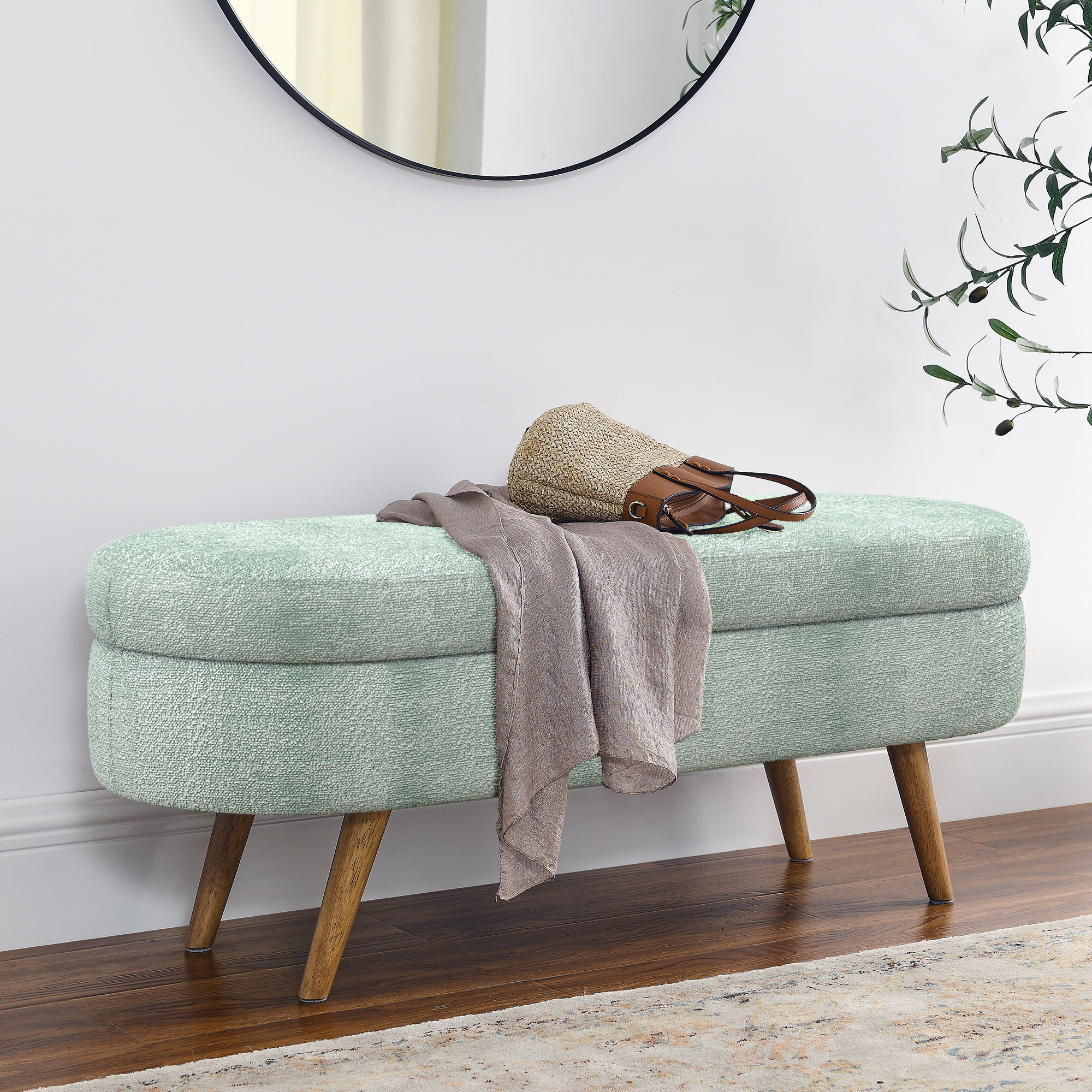 Ottoman Oval Storage Bench,Rubber Wood Legs, Gray (43.5″x16″x16″) Cyan