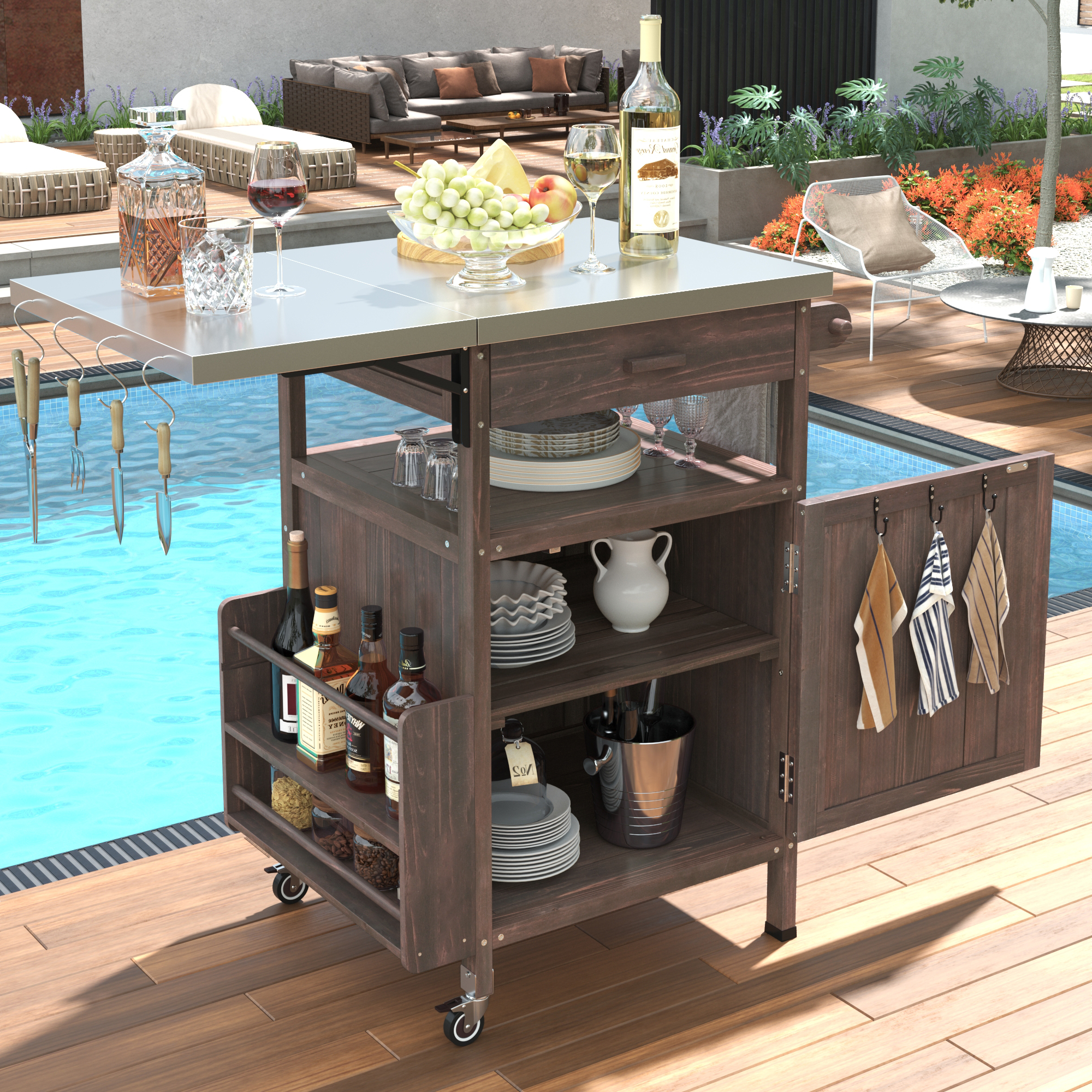 K&K 40.5″ Outdoor Grill Cart with Stainless Steel Top, Solid Wood Outdoor Storage Cabinet with Drop Leaf, One Drawer, Towel Rack, Rolling Kitchen Cart with Lockable Wheels for Lawn Garden, Brown