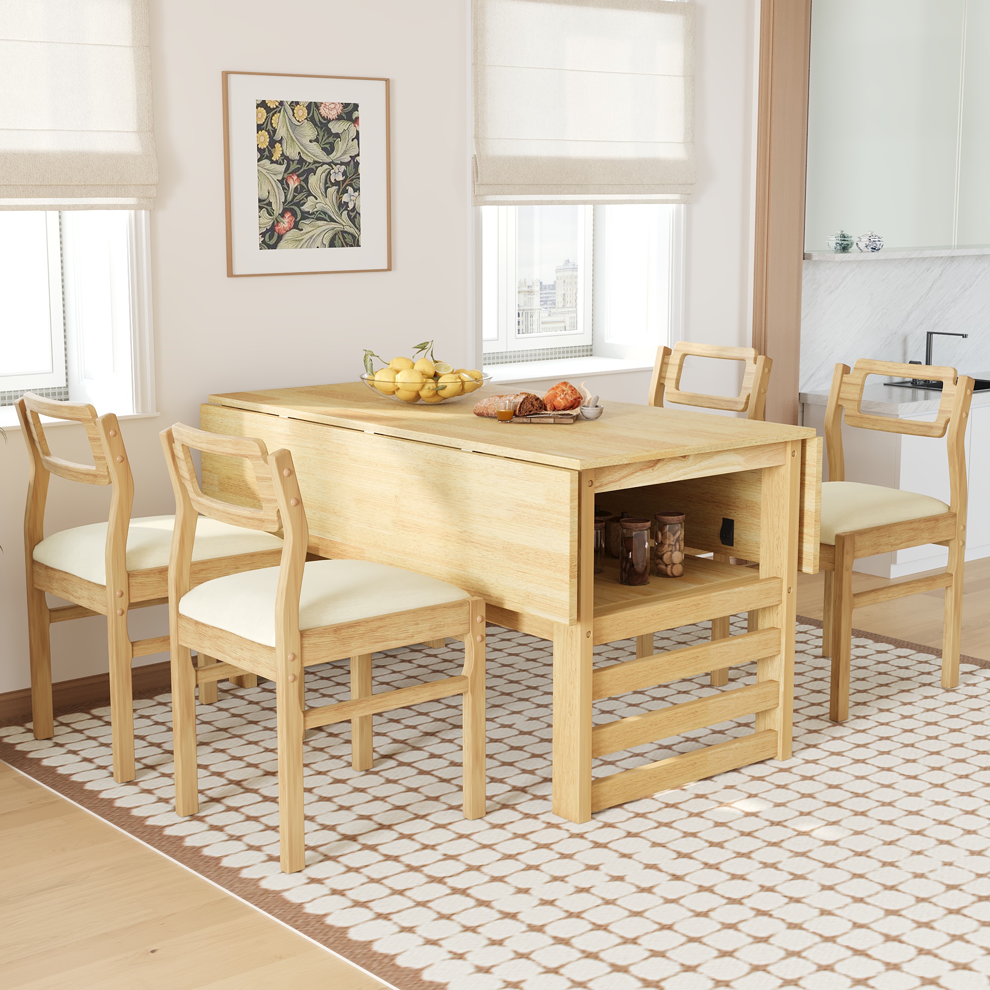 TOPMAX Modern 5-Piece 47.2” Extendable Wood Square Dining Table Set with Two 11.8-inch Drop Leaves, Compact Storage Shelf Kitchen Table Set with Upholstered Chairs for 4, Natural