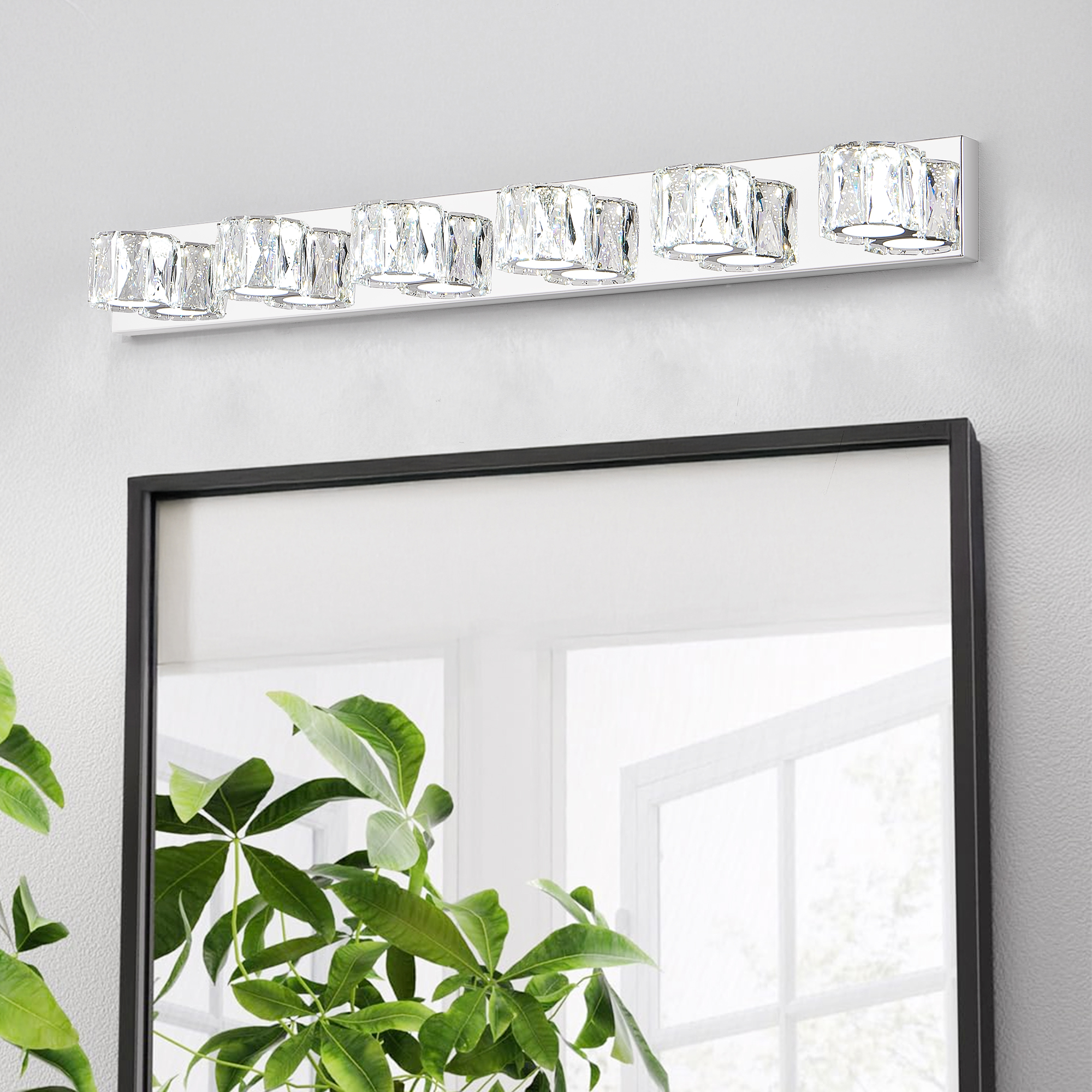 41″ Modern Crystal 6-Light LED Wall Sconce – Elegant Chrome Bathroom Vanity Light with Clear Crystal Shades for Bathroom, Bedroom, or Hallway