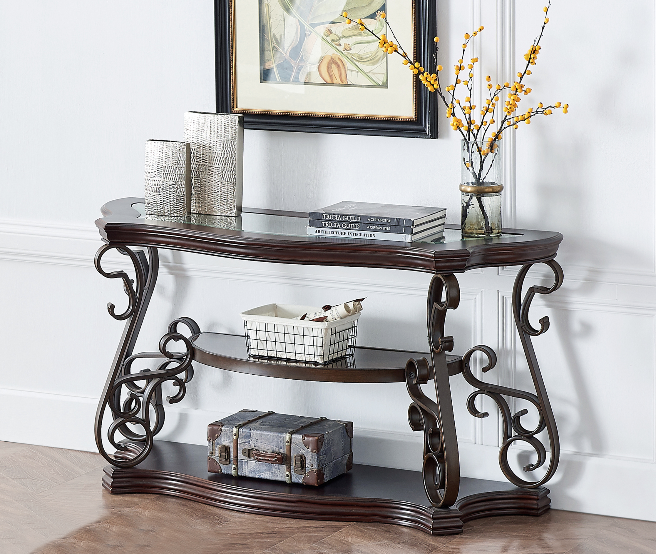 Sofa Table, Glass table top, MDF W/marble paper middle shelf, powder coat finish metal legs. (54″Lx20″Wx30″H)