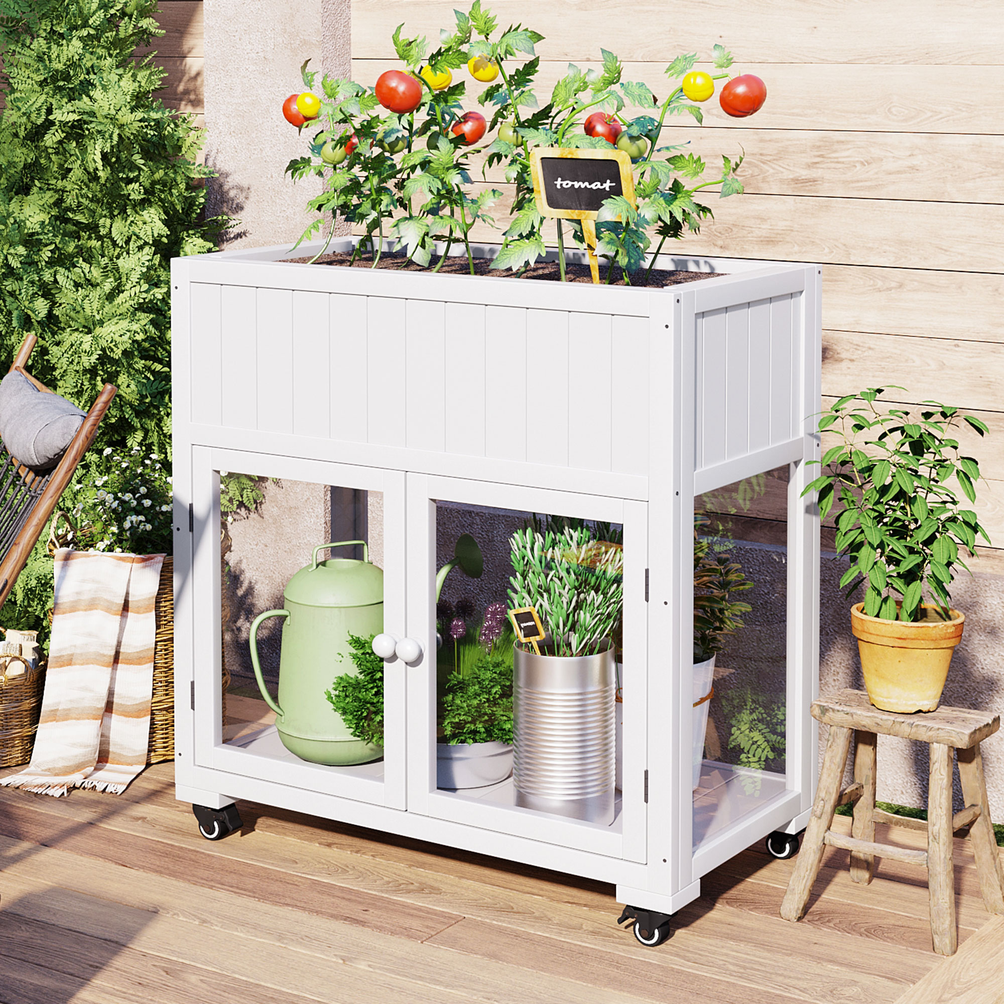 TOPMAX Patio 35.4”x17.7”x37.4” Mini Wood Cold Frame, Compact 2 Doors Garden Greenhouse with Wheels, Raised Bed with Liner for Indoor Outdoor Use, White