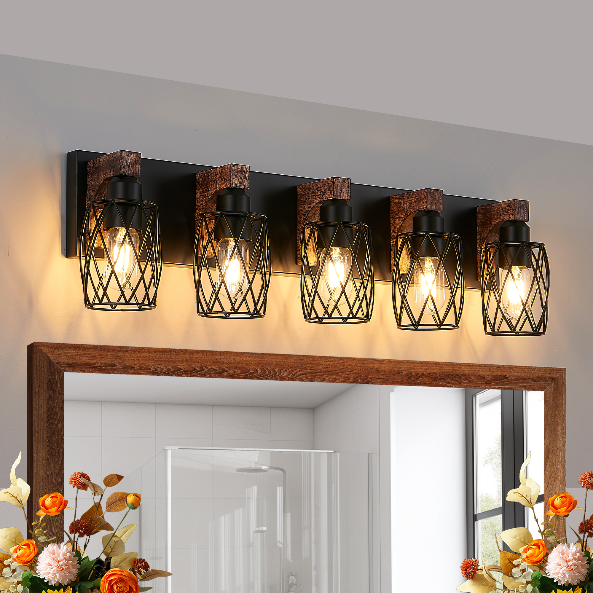 31″ Industrial Vintage 5-Light Wall Sconce – Black Cage Wall Lighting Fixture with Wooden Accents for Bathroom, Hallway, or Living Room (Bulb Not Included)