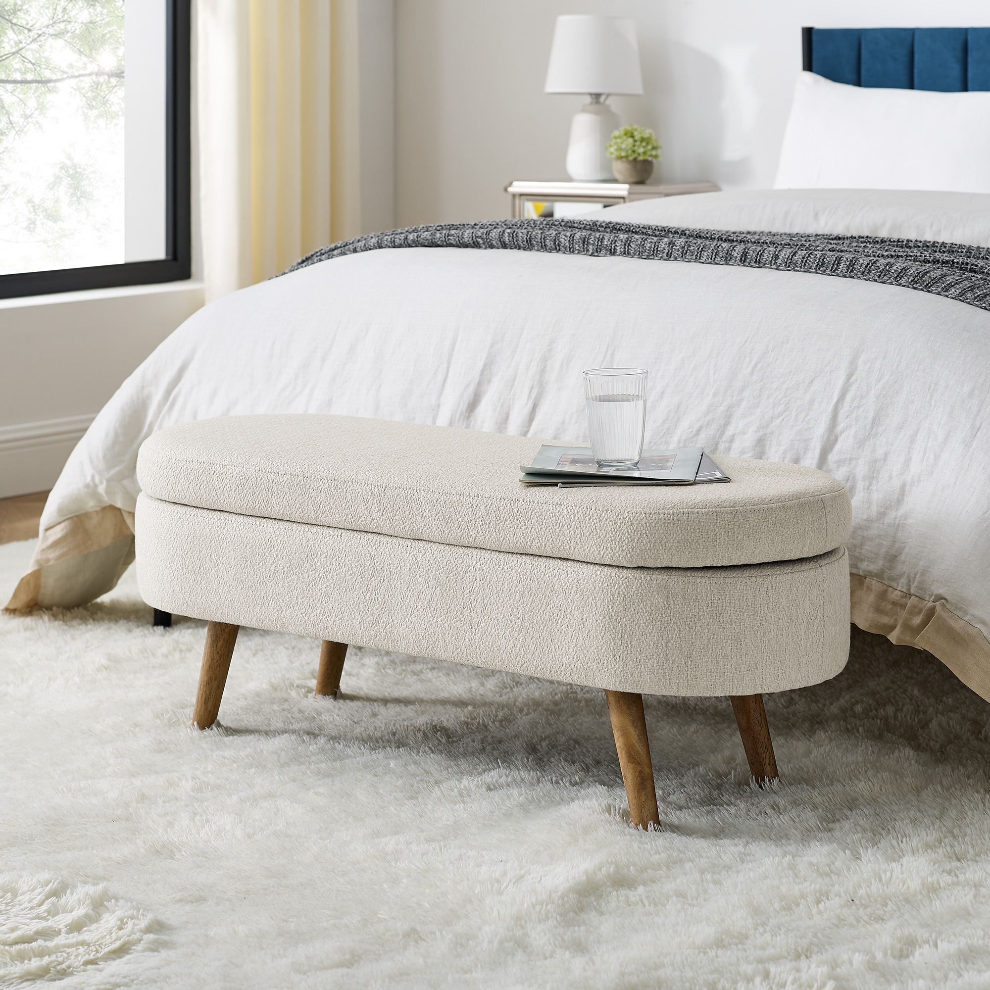 Ottoman Oval Storage Bench,Rubber Wood Legs, Beige(43.5″x16″x16″)