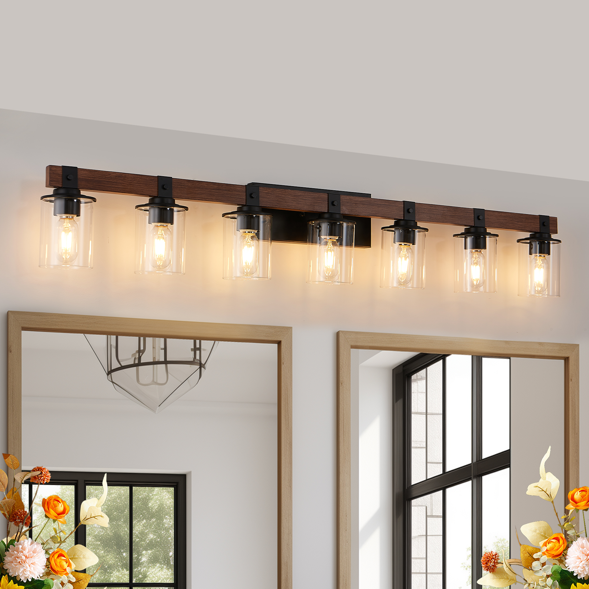 50″ Rustic 7-Light Vanity Light, Industrial Bathroom Wall Sconce with Glass Shades and Wood Accent, Modern Farmhouse Lighting Fixture (No Bulbs)
