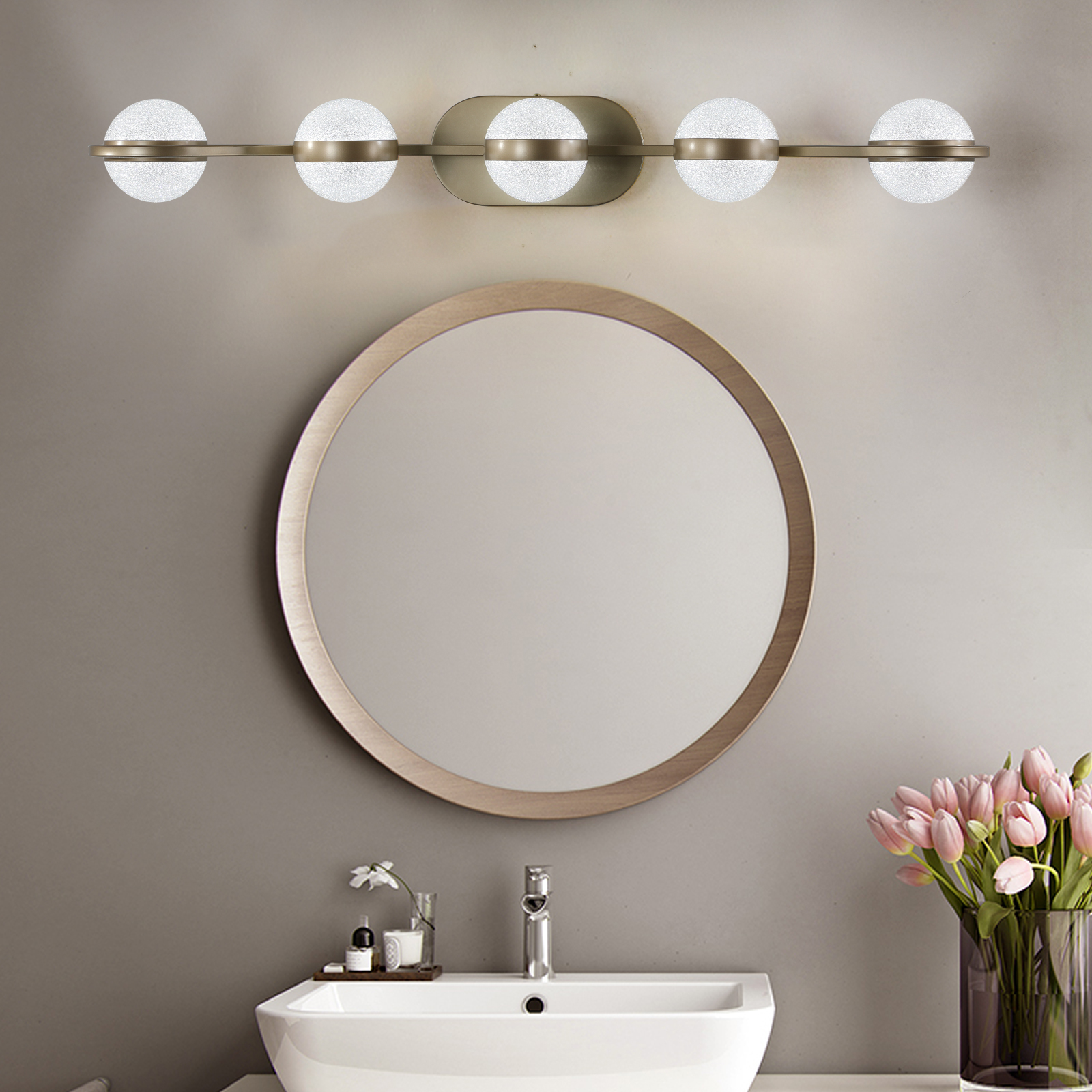 35″ Modern Minimalist Bathroom Vanity Light, LED 5 Bulb Crystal Sand Acrylic Shades, Wall Mounted Decorative Lighting Fixture, Suitable for Bathroom Vanity Mirror (Champagne Gold)
