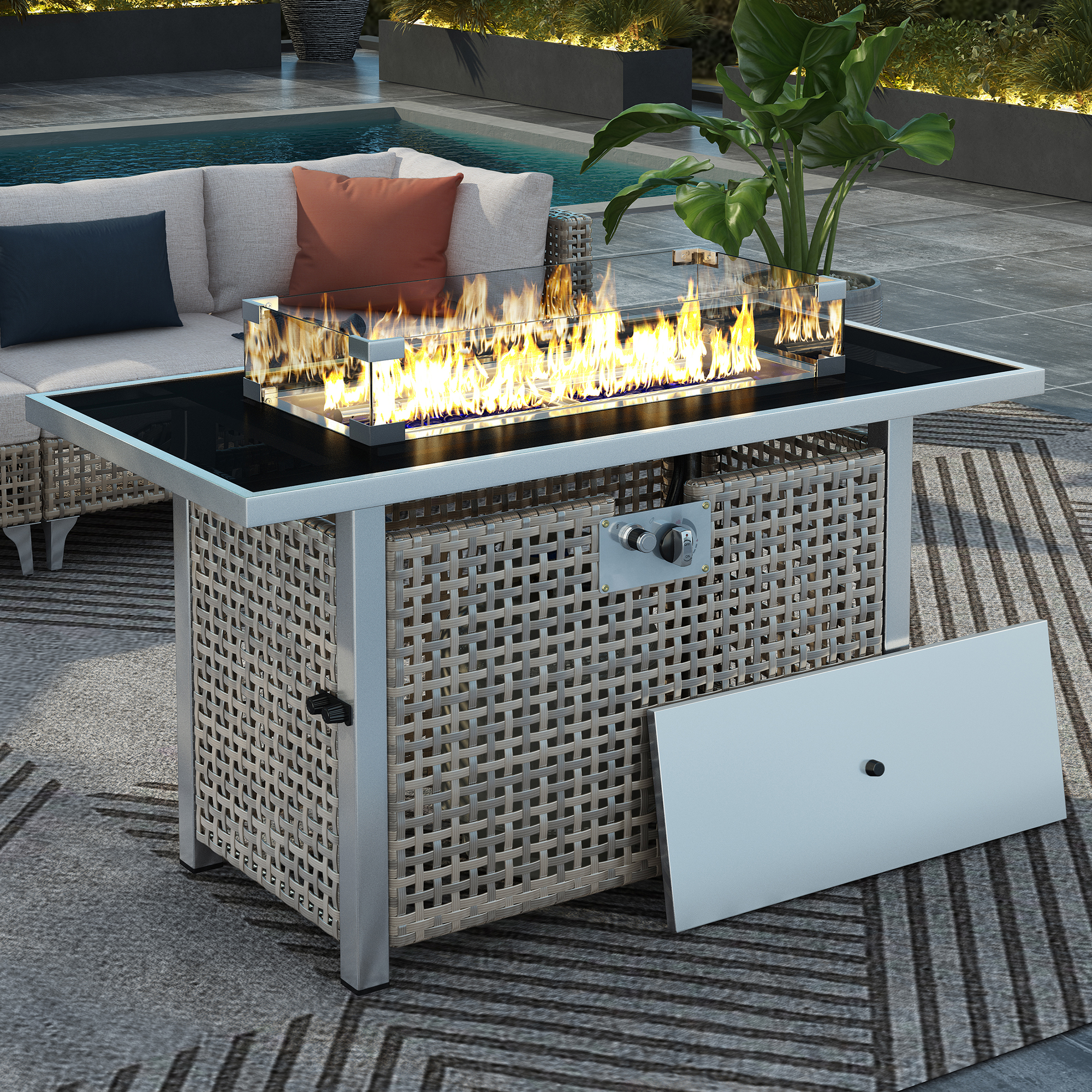 K&K 43″ Propane Gas Fire Pit Table, 60000 BTU Rectangular Open Weave Wicker Fire Pit with Glass Wind Guard for Outside Patio Deck Garden Backyard – Grey