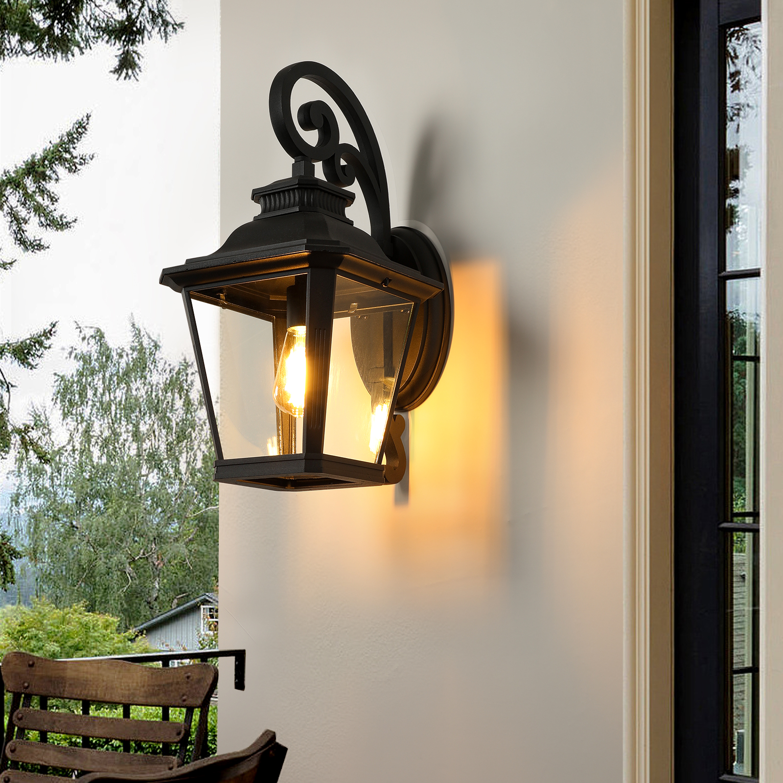 21″(H) 1-Pack Outdoor Wall Lantern Light – Vintage Black Metal & Clear Glass Sconce with Decorative Scroll Design for Porch, Patio, and Garden Lighting (Bulb Not Included)