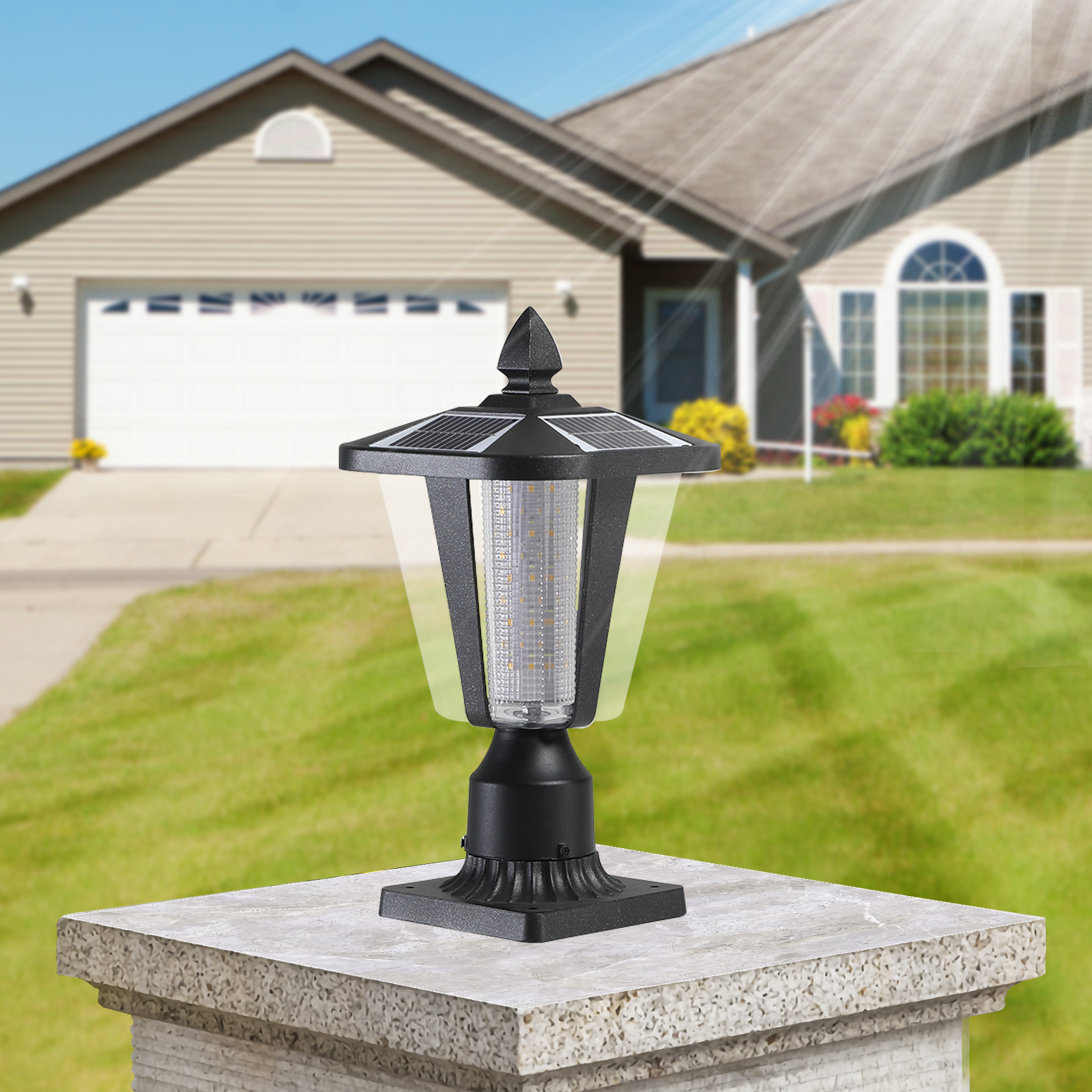 15″(H) Solar Powered Outdoor Lantern, Modern Garden Light with LED for Pathways, Yards, and Driveways (1-Pack)