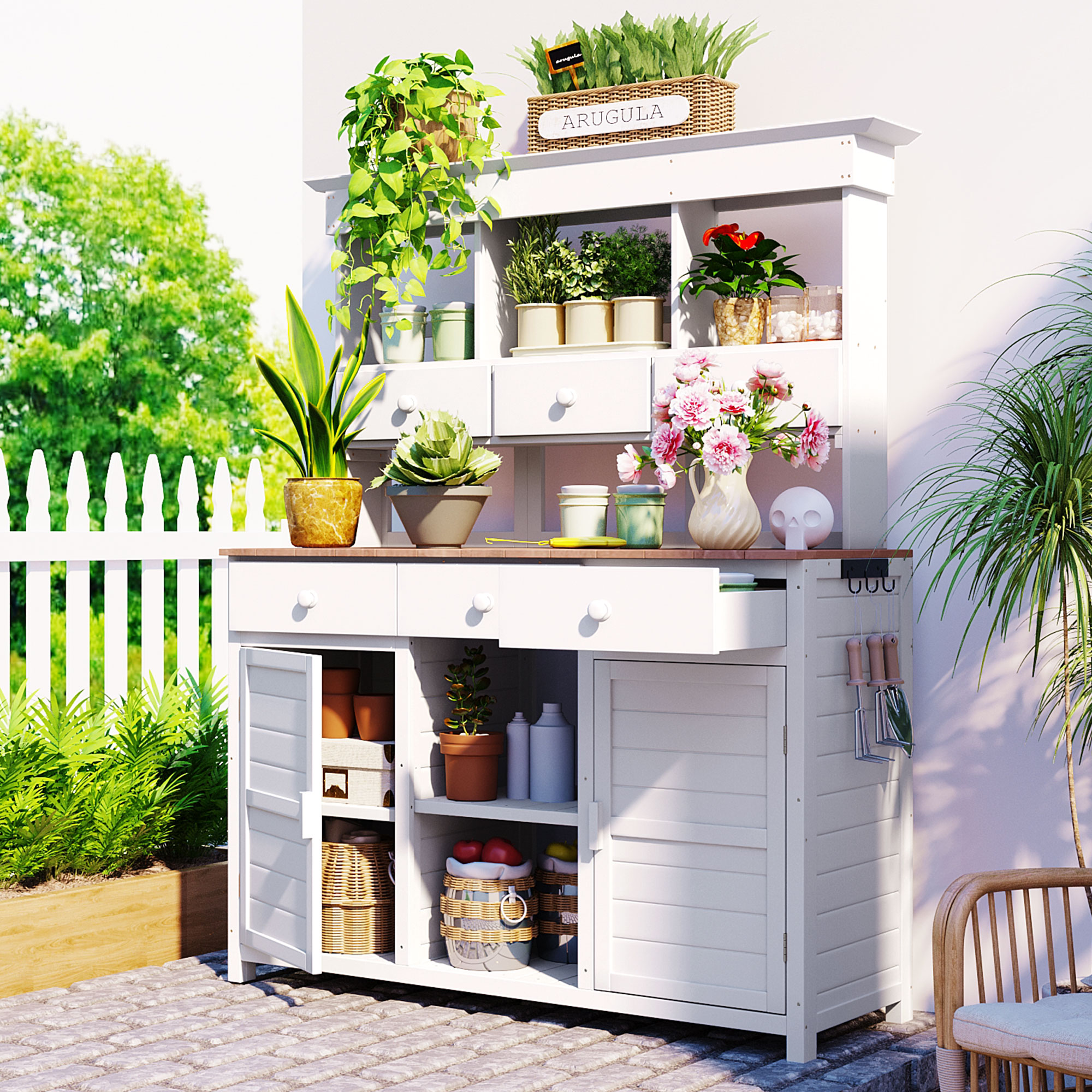[Assembly Video Provided] TOPMAX 65.7” H Tall Garden Potting Bench Table with Hutch,Patio Storage Workstation with 3 Shelves,6 Drawers,2 Bottom Cabinets&Side Hooks for Mudroom,Doorway, White