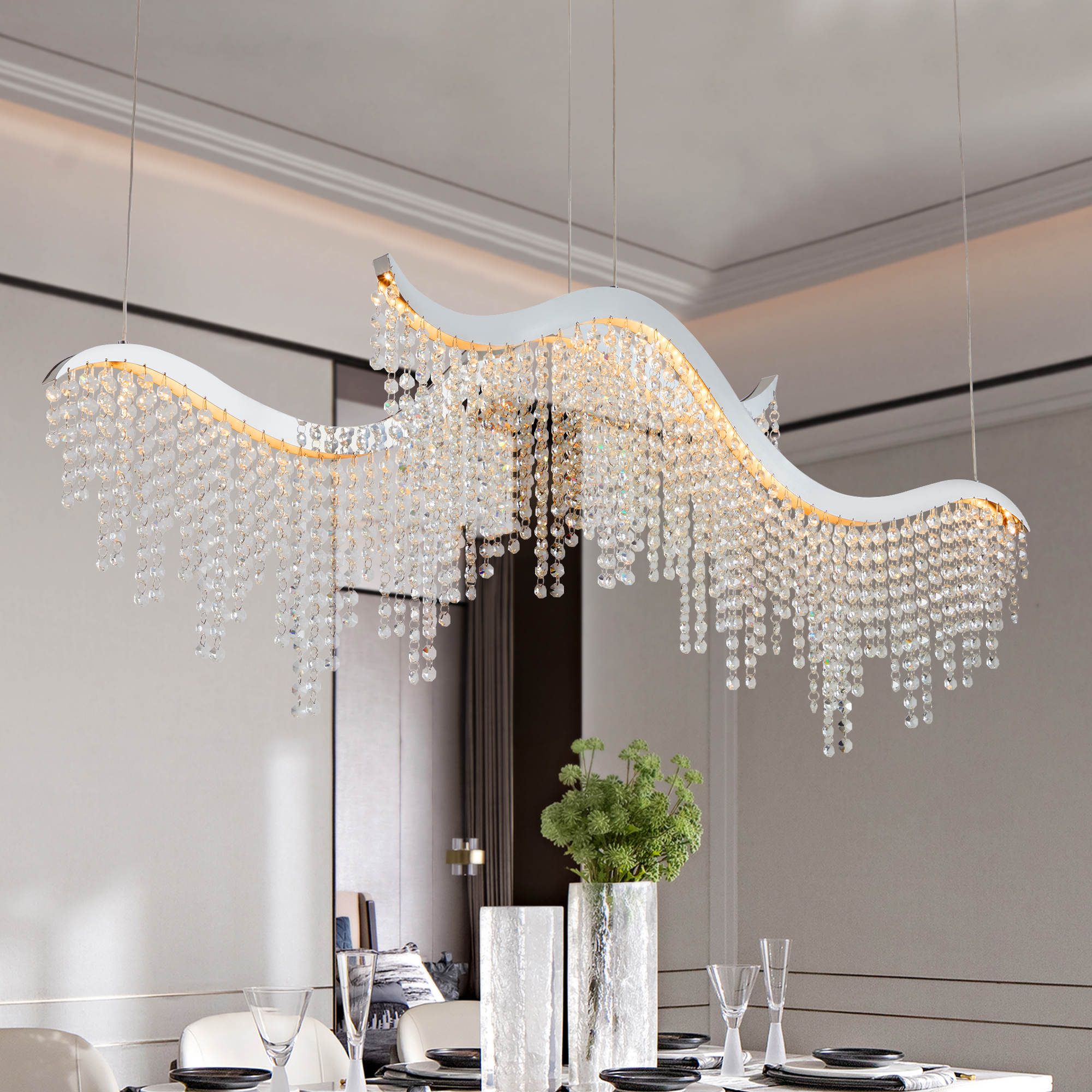 36-inch Modern Wave LED Crystal Chandelier – Adjustable Color Temperature 3000K/4000K/6000K – Adjustable Height – Elegant Chandelier for Living Room and Luxurious Space
