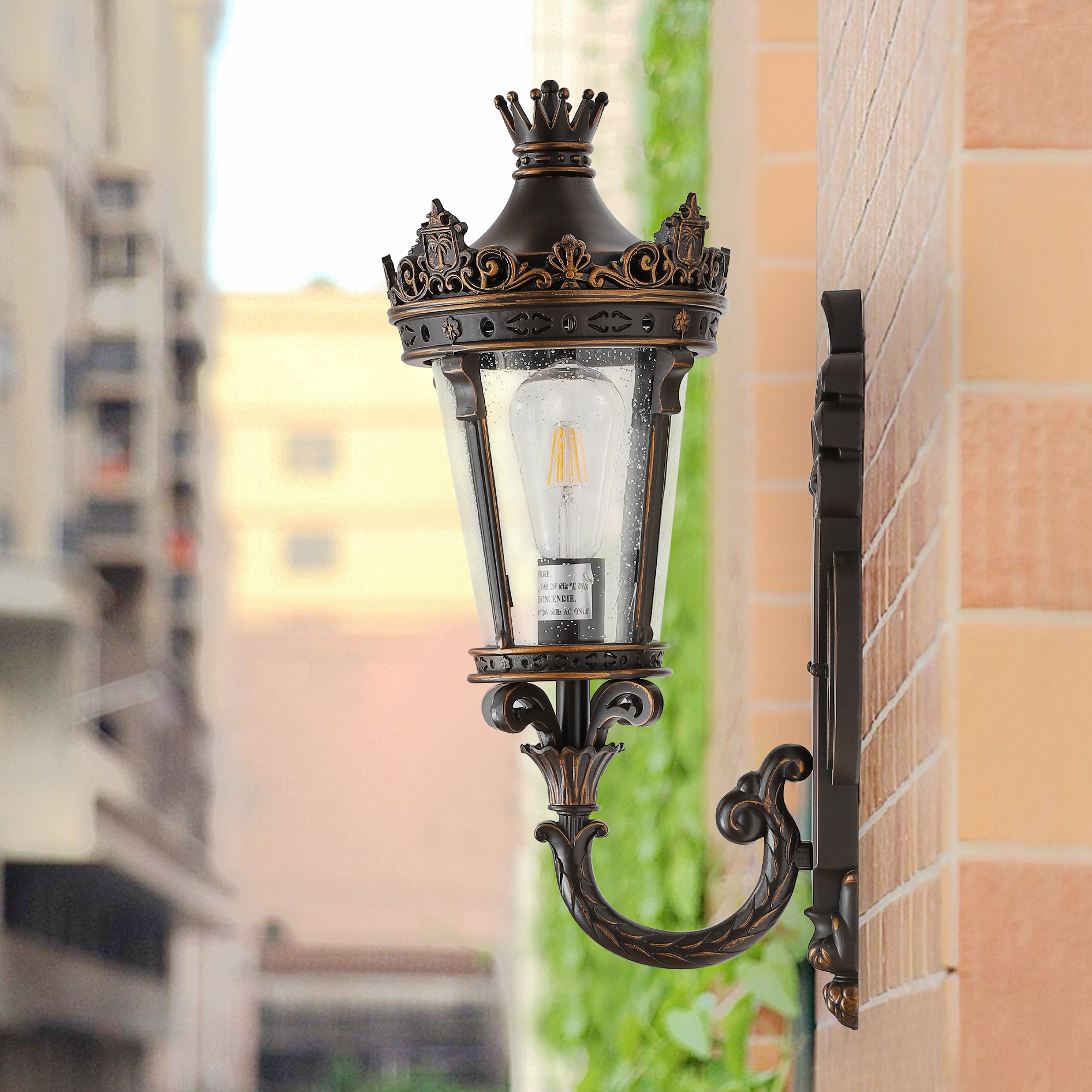 21″(H) Vintage Outdoor Wall Lantern, Waterproof Exterior Wall Sconce with Crown Top and Clear Glass, Decorative Outdoor Lighting Fixture for Patio, Garden, or Entryway (One piece&No bulb)