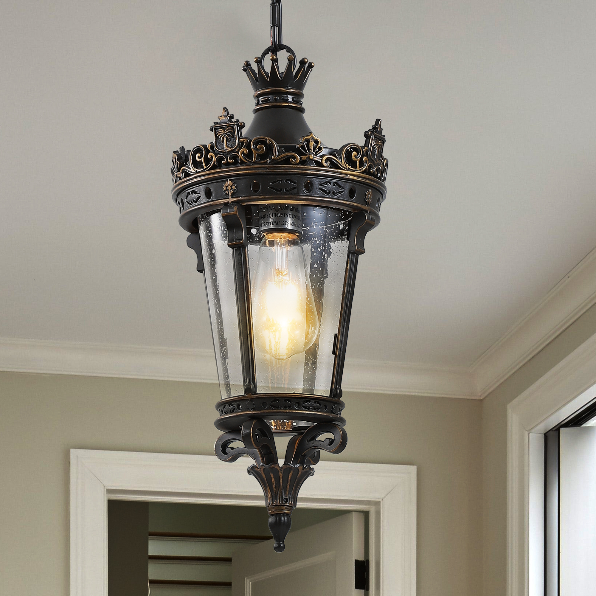 18″(H) Antique Crown Outdoor Hanging Lantern, Waterproof Vintage Pendant Light with Ornate Metal Design and Clear Glass for Patio, Garden, Porch, Entryway Lighting (One piece&No bulb)