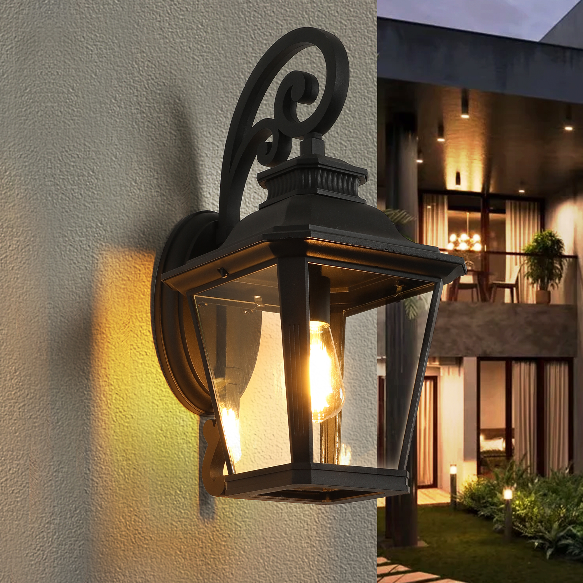 14″ Outdoor Wall Lanterns 2-Pack, Black Waterproof Wall Sconce with Clear Glass Panels, Vintage Exterior Light Fixture for Porch, Patio, Garden, and Doorway (Bulb Not Included)